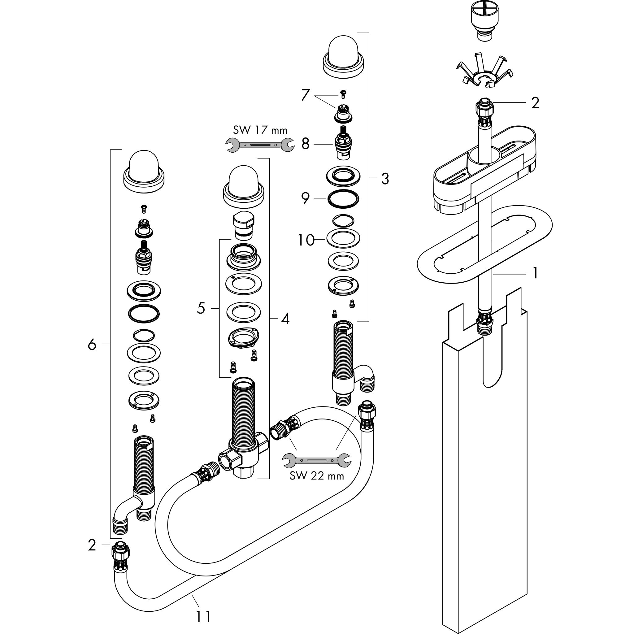 Sơ đồ phụ kiện Bộ trộn bồn tắm gắn thành Hansgrohe 13440180