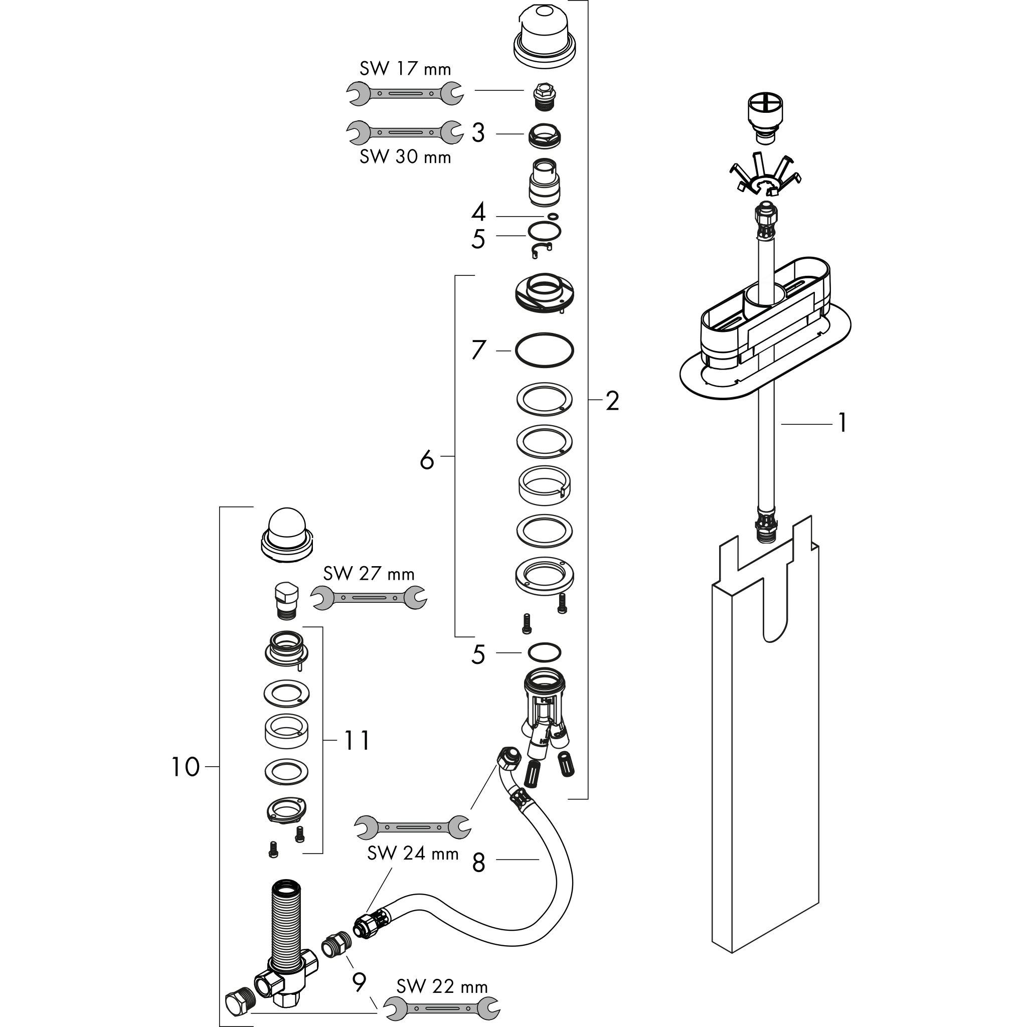 Sơ đồ phụ kiện Bộ trộn bồn tắm gạt đơn Hansgrohe 13481180