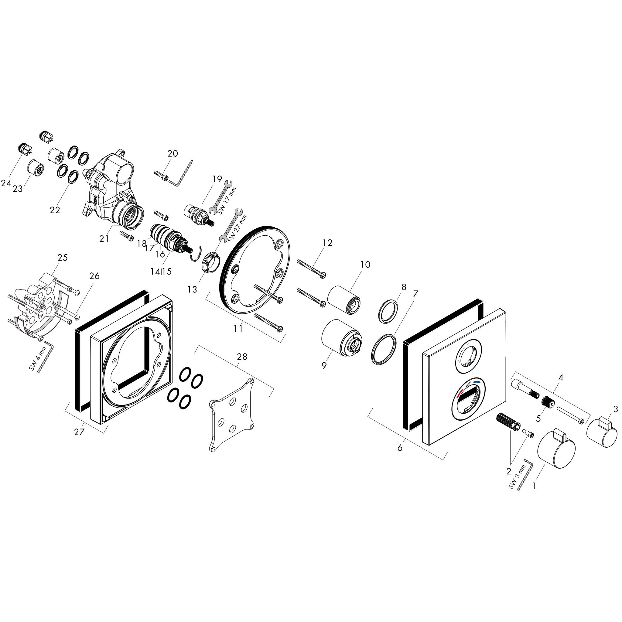Sơ đồ phụ kiện Bộ điều nhiệt âm tường 1 chức năng Hansgrohe Ecostat Square 15712000 Chrome