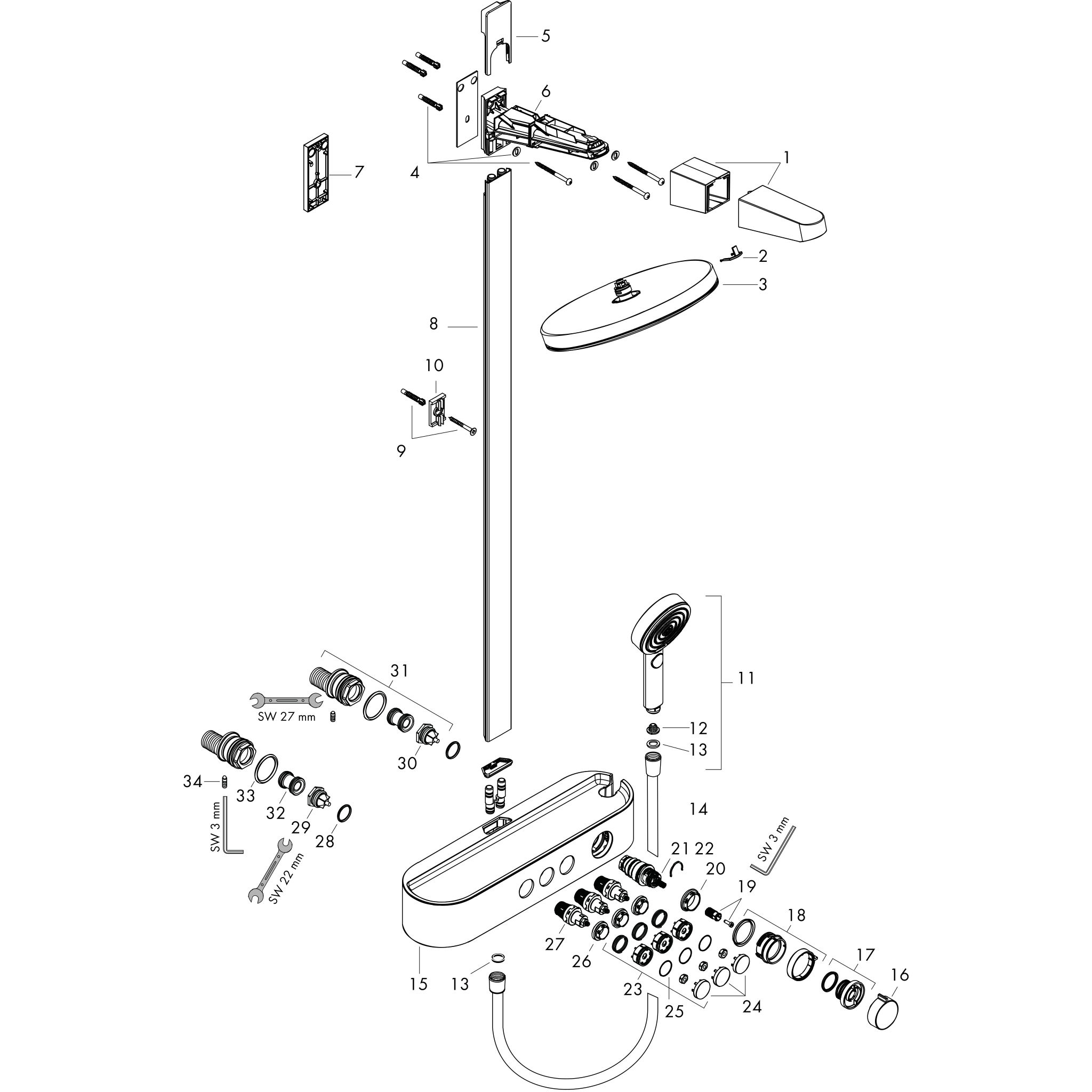 Sơ đồ phụ kiện Sen cây Hansgrohe Pulsify S 24240000 Chrome