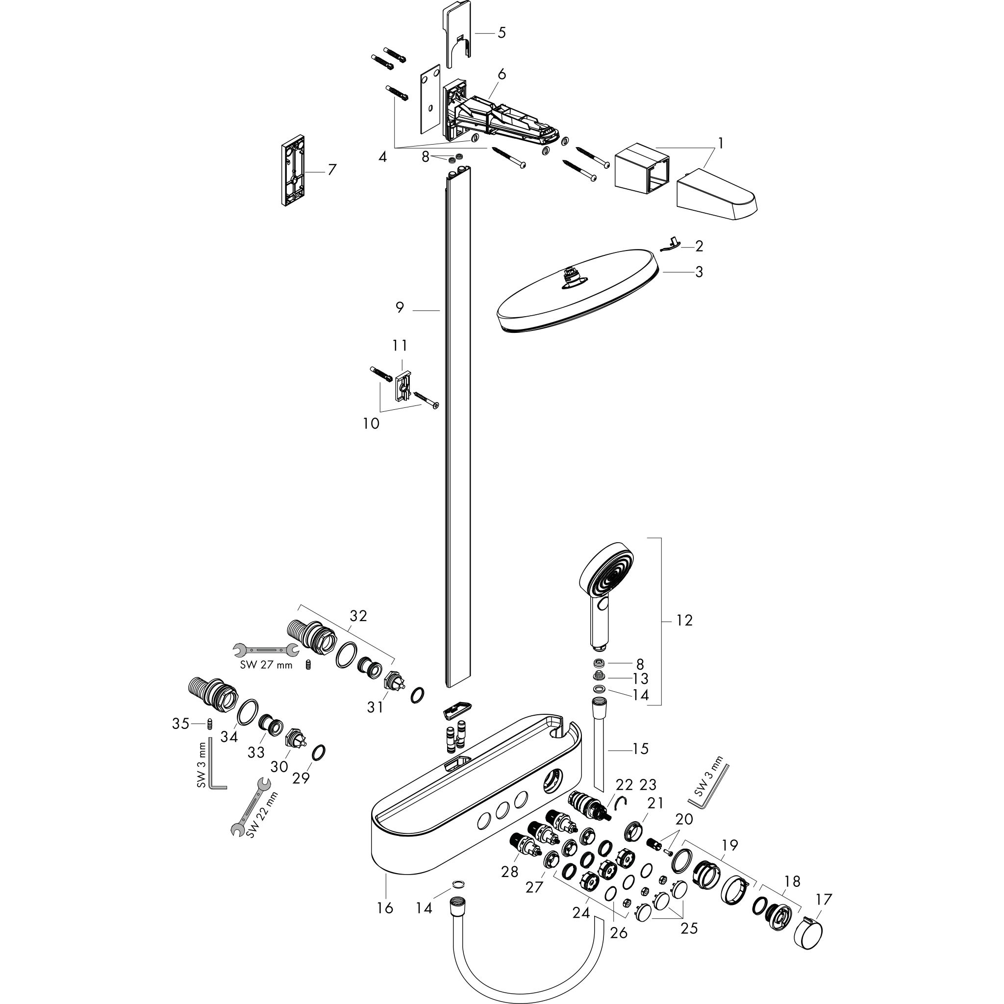 Sơ đồ phụ kiện Sen cây Hansgrohe Pulsify S 24241000 EcoSmart Chrome