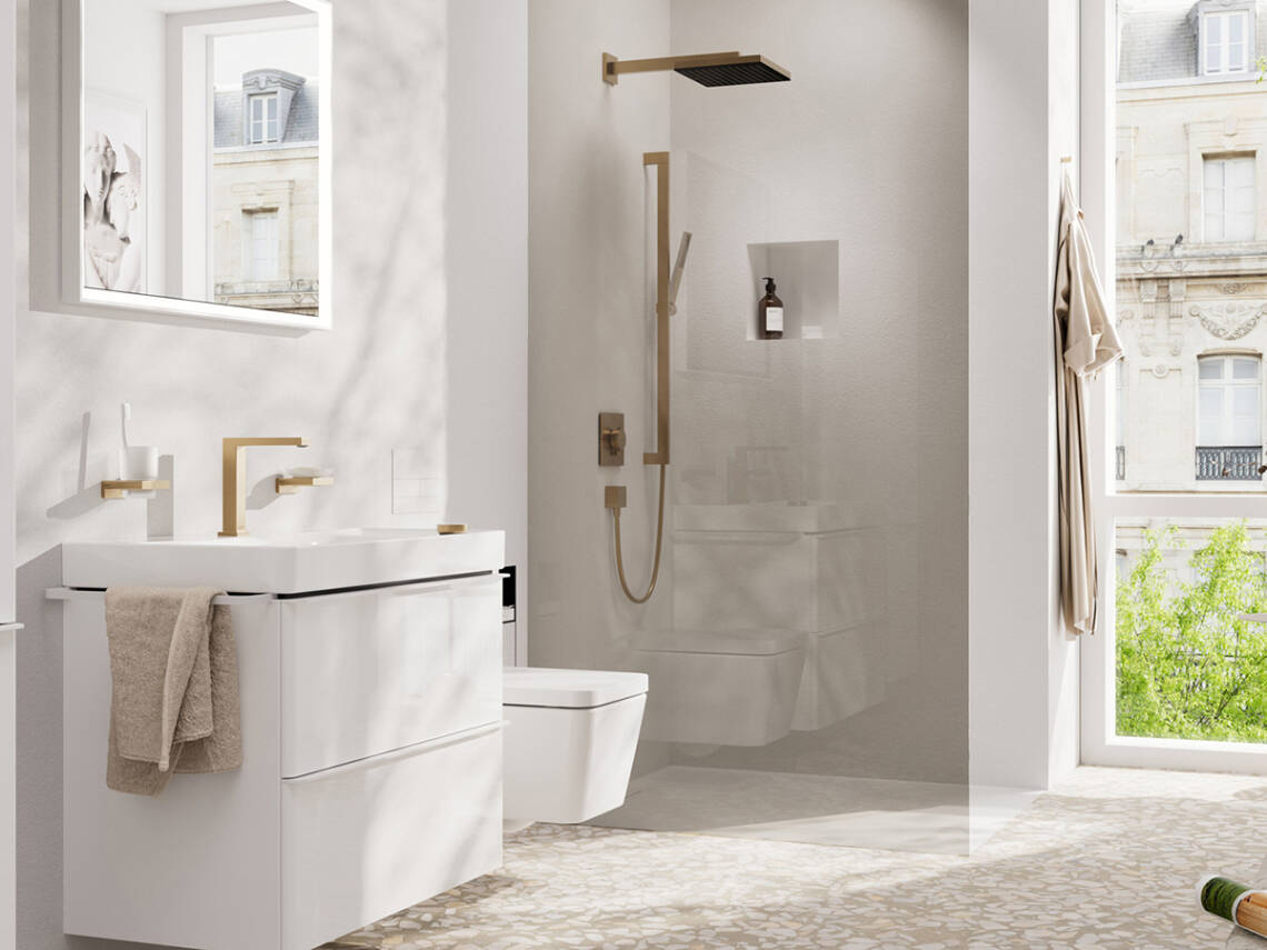 Hệ thống sen tắm Pulsify của hansgrohe màu Đồng xước. Hệ thống sen tắm Pulsify của hansgrohe màu Đồng xước.