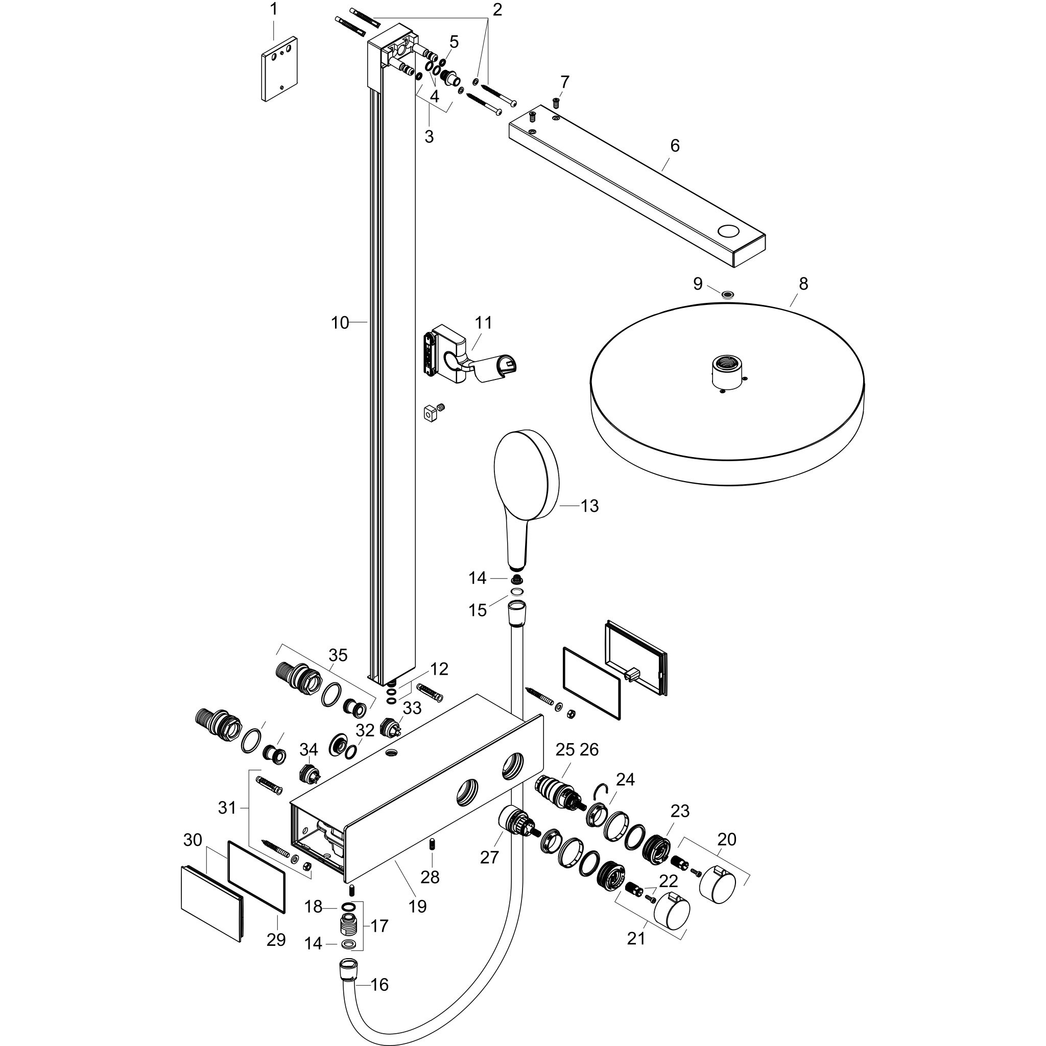 Sơ đồ phụ kiện Sen cây Hansgrohe Rainfinity 26853000 Chrome