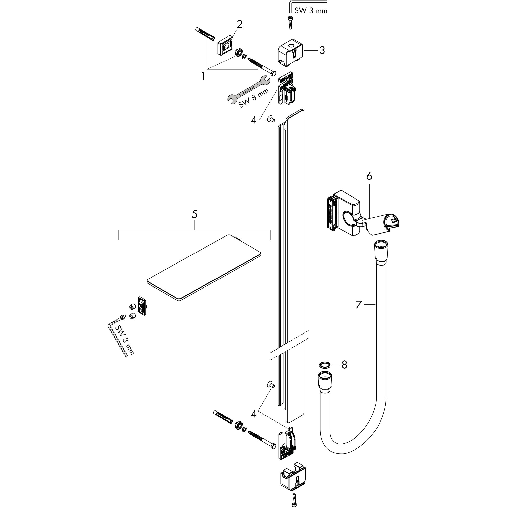 Sơ đồ phụ kiện Thanh trượt sen Hansgrohe Unica 27645000 Chrome