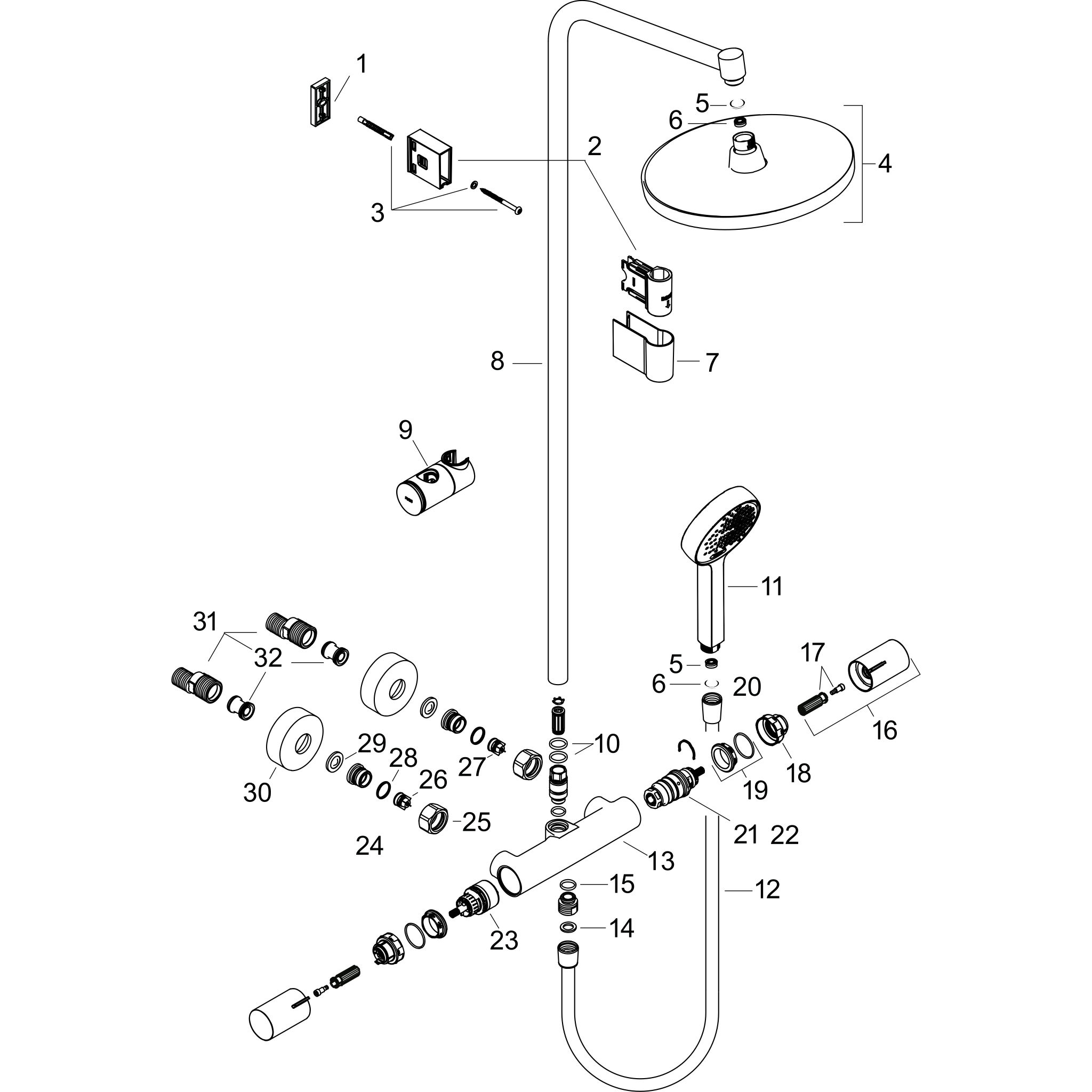 Sơ đồ phụ kiện Sen cây Hansgrohe Activera S 28078000 EcoSmart Chrome