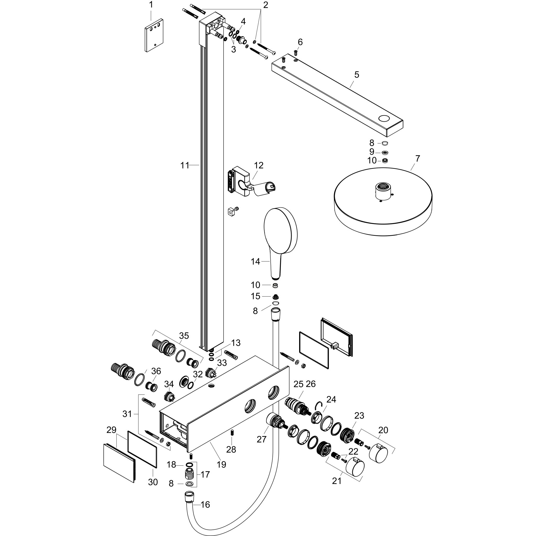 Sơ đồ phụ kiện Sen cây Hansgrohe Rainfinity 28742000 EcoSmart Chrome
