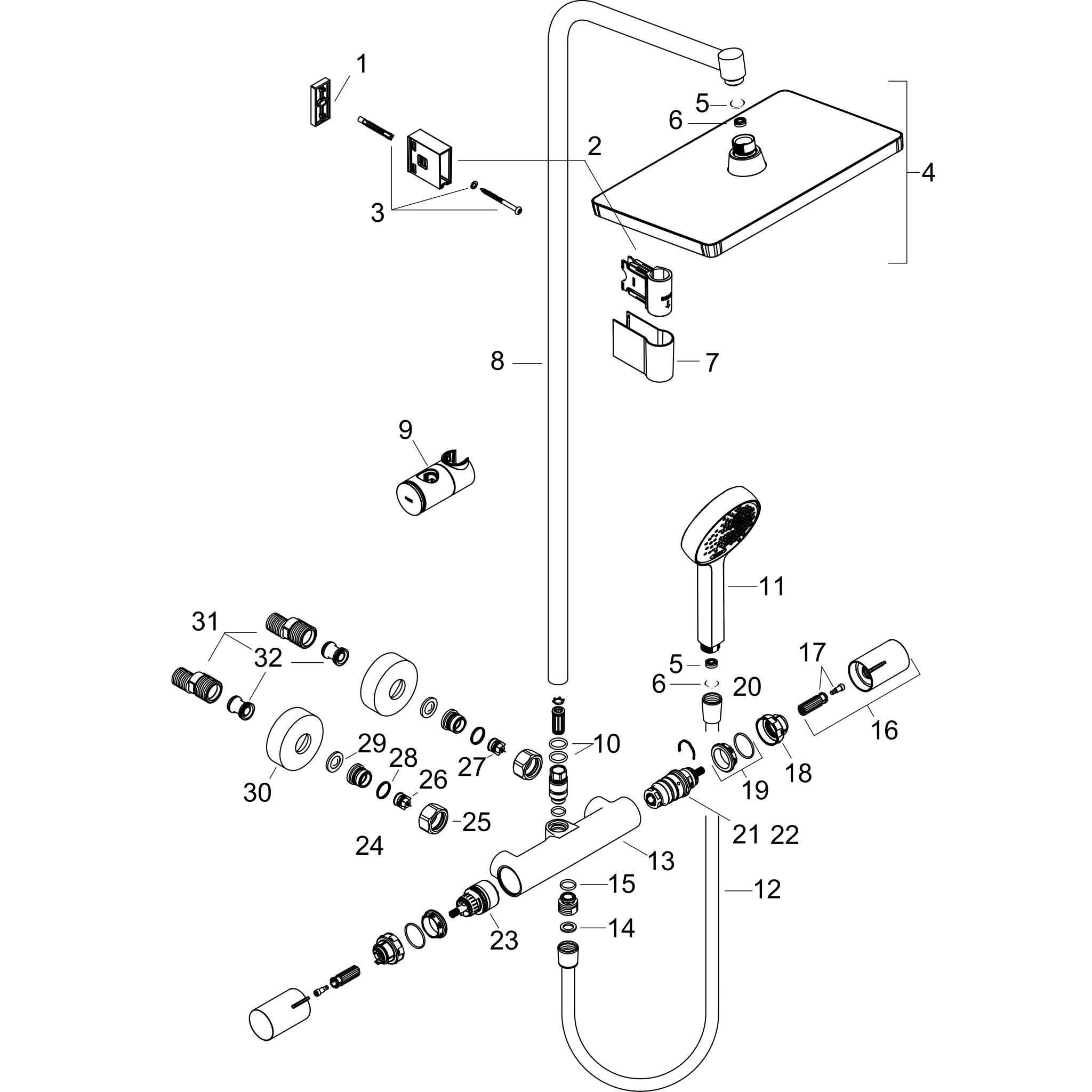 Sơ đồ phụ kiện Sen cây Hansgrohe Activera Q 28748000 EcoSmart Chrome