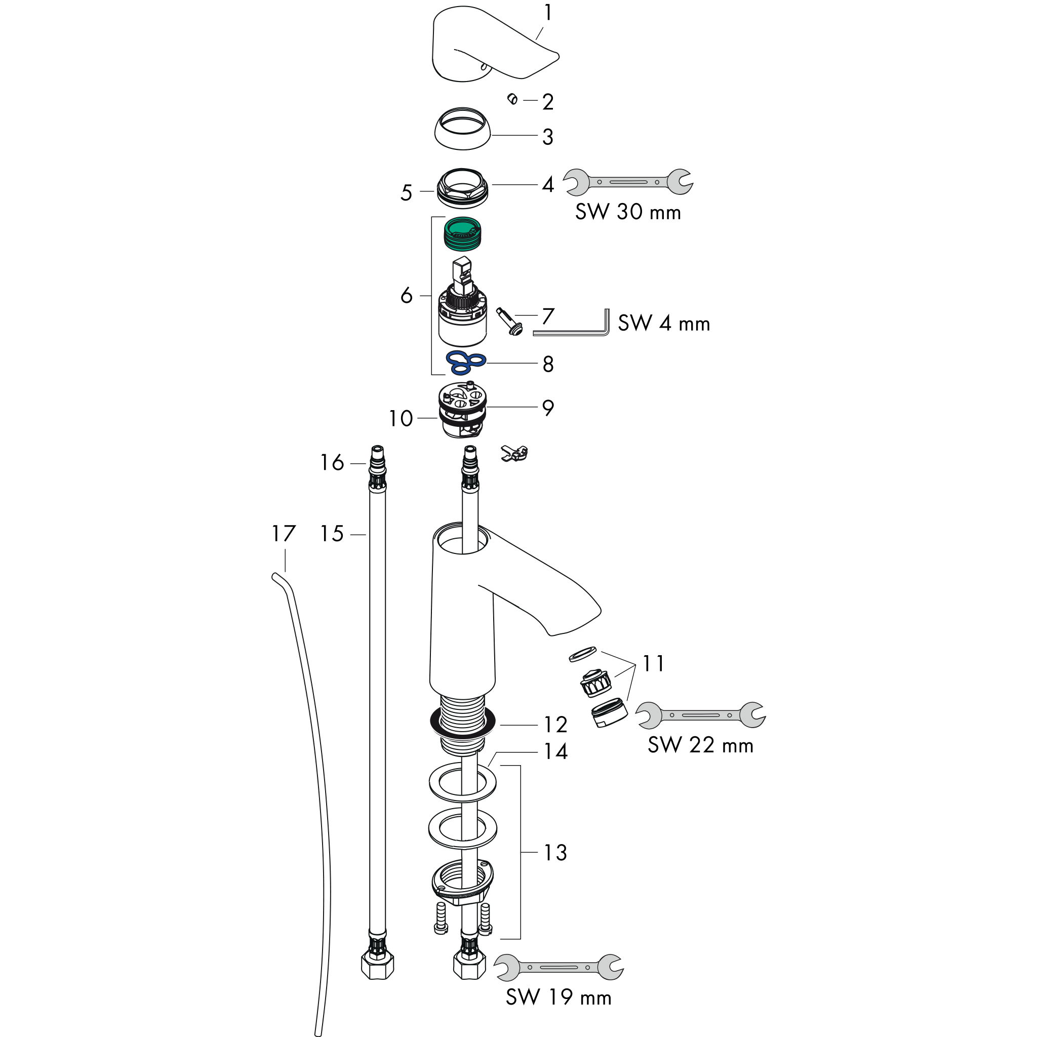 Sơ đồ phụ kiện Vòi lavabo gạt đơn Hansgrohe Metris 31203000 Chrome