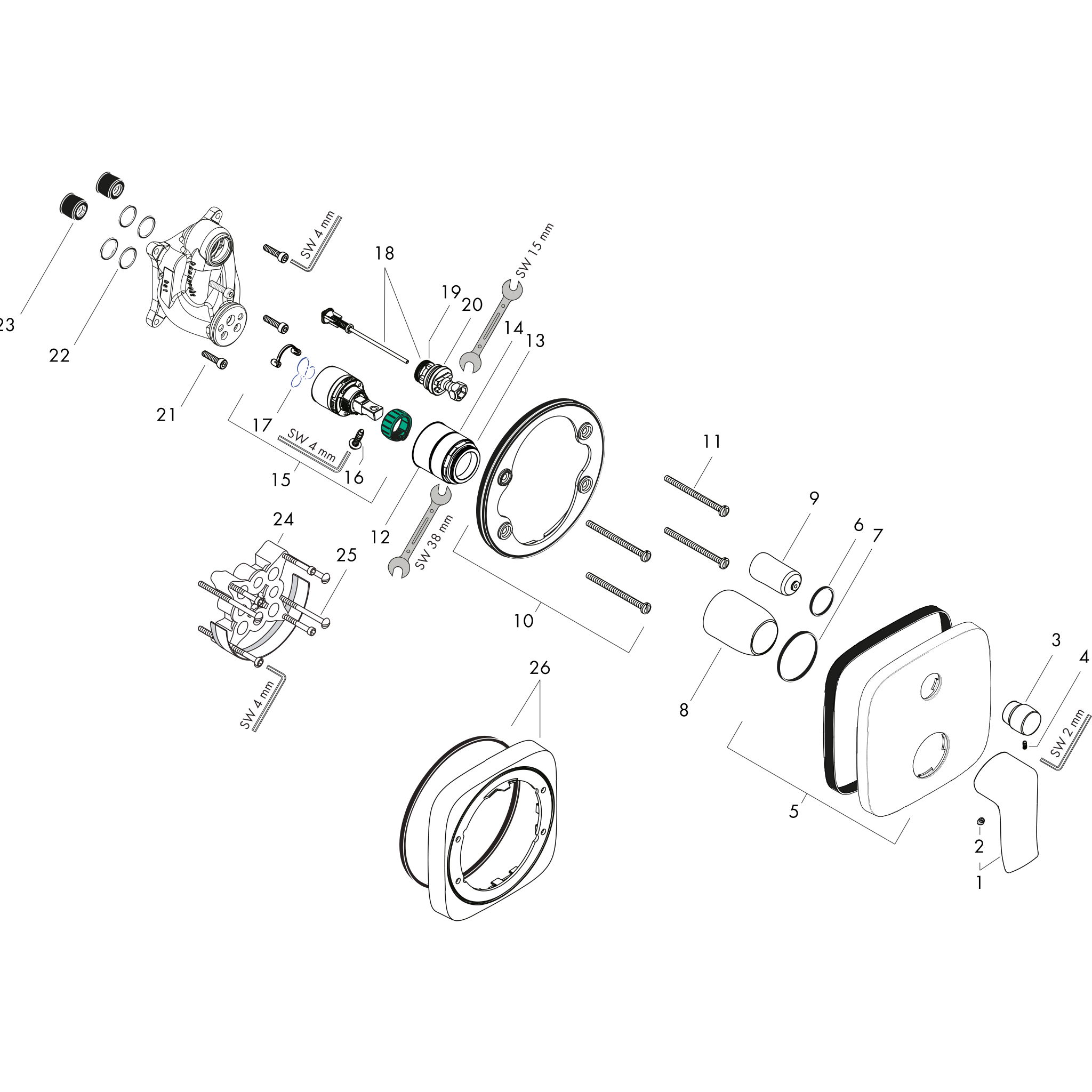 Sơ đồ phụ kiện Bộ trộn bồn tắm gạt đơn Hansgrohe Metris 31454000 Chrome
