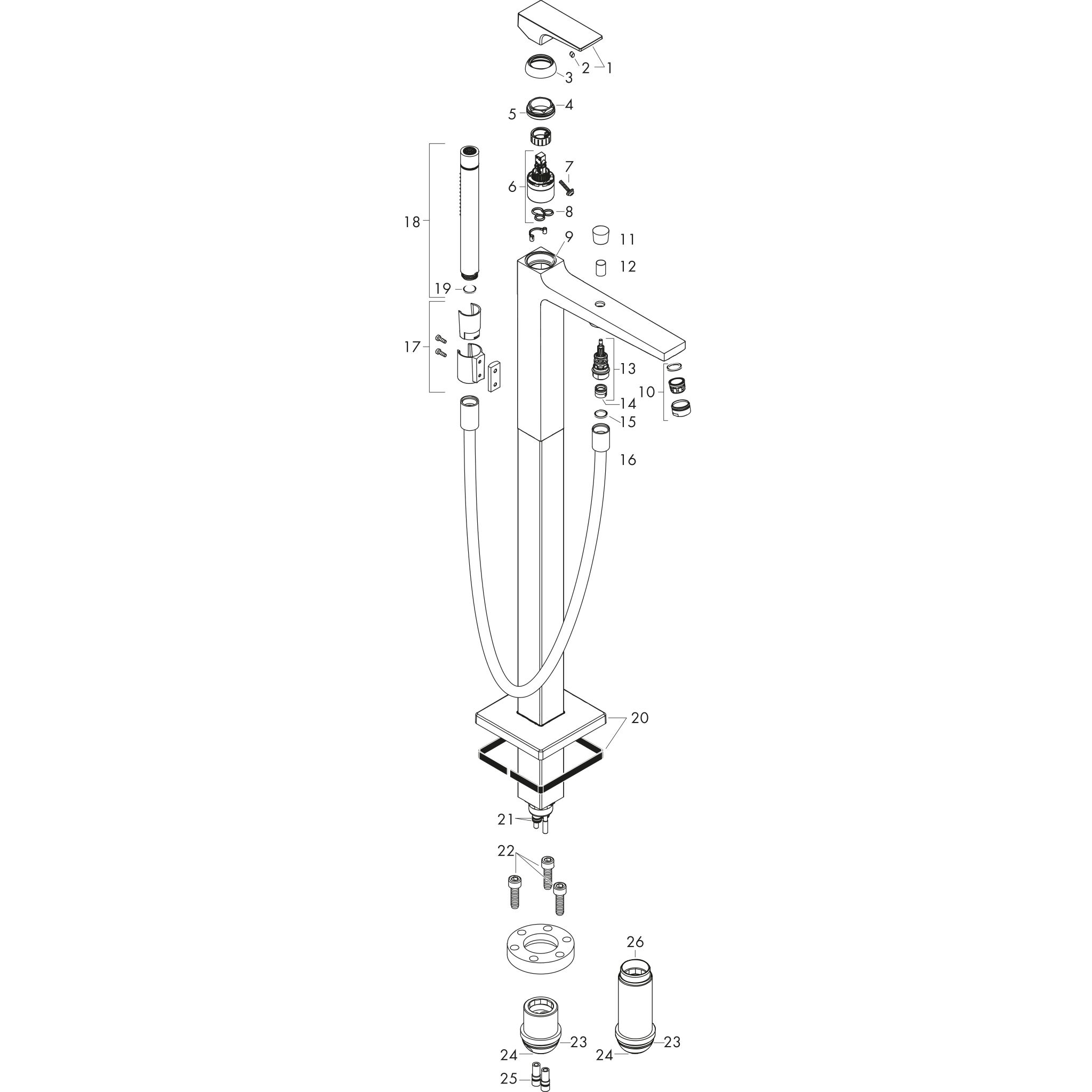 Sơ đồ phụ kiện Bộ trộn bồn tắm gạt đơn Hansgrohe Metropol 32532000 Chrome