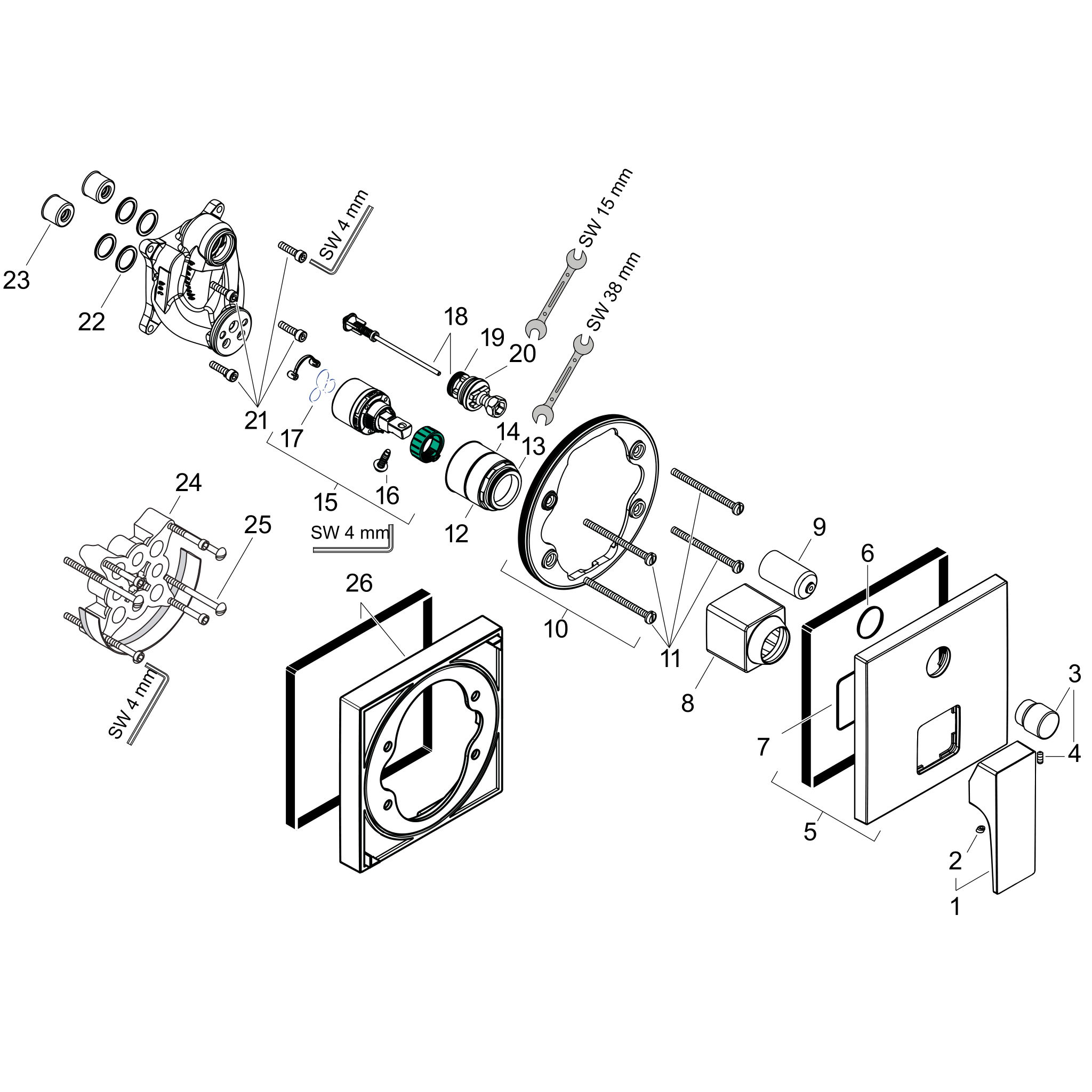 Sơ đồ phụ kiện Bộ trộn bồn tắm gạt đơn Hansgrohe Metropol 32545000 Chrome