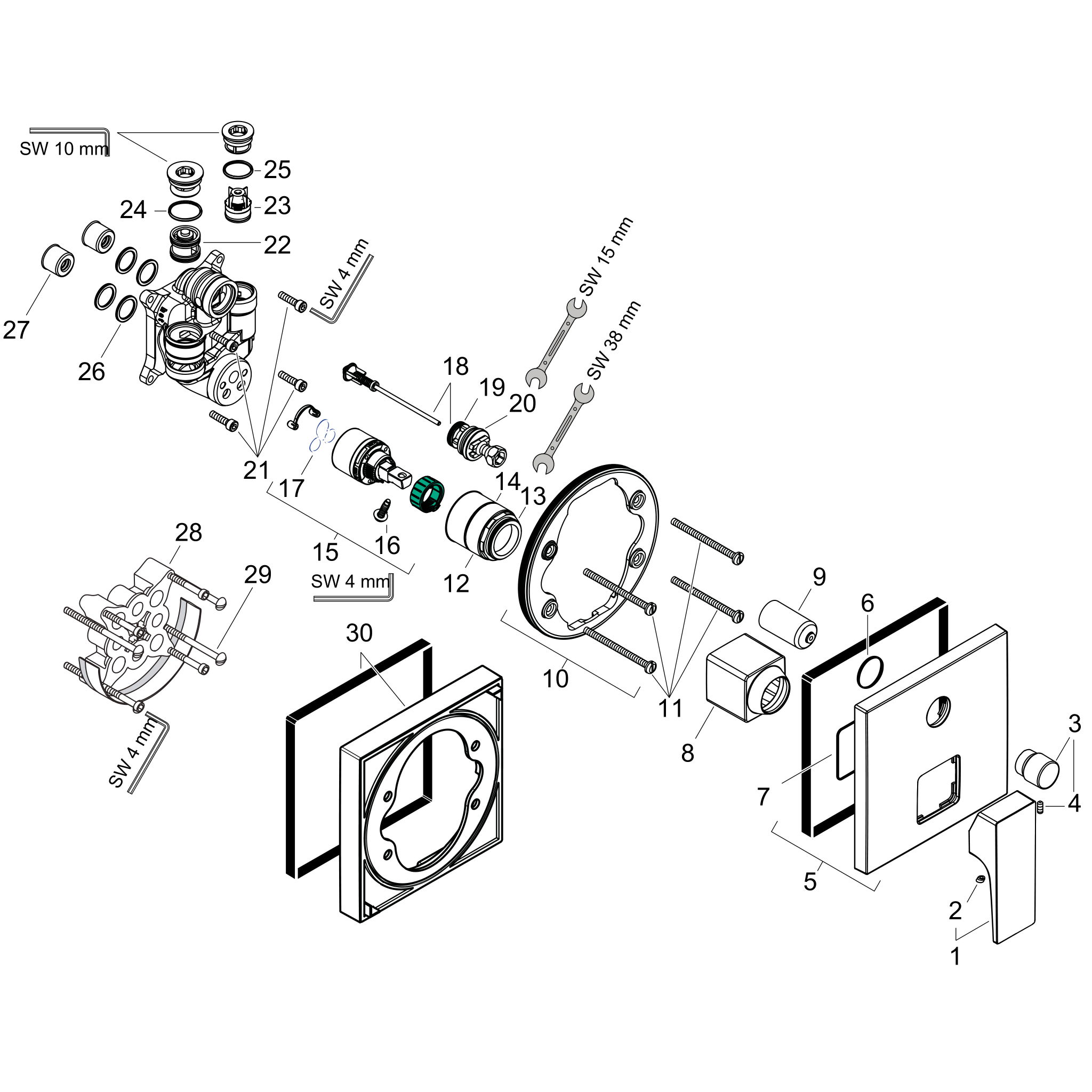 Sơ đồ phụ kiện Bộ trộn bồn tắm gạt đơn Hansgrohe Metropol 32546000 Chrome