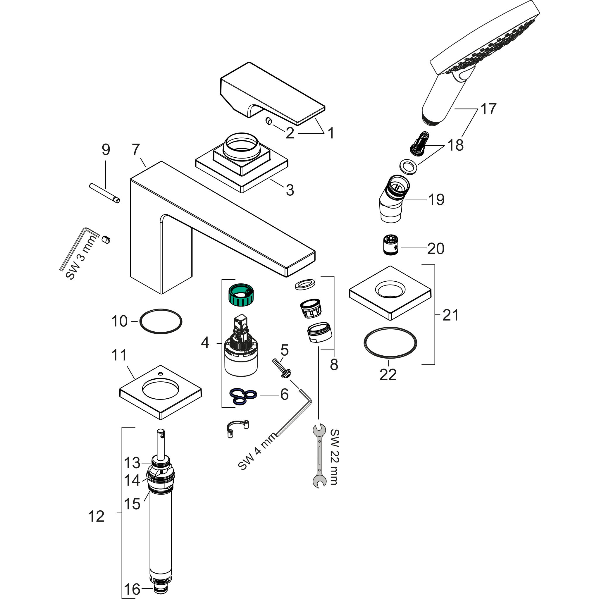 Sơ đồ phụ kiện Bộ trộn bồn tắm gạt đơn Hansgrohe Metropol 32551000 Chrome