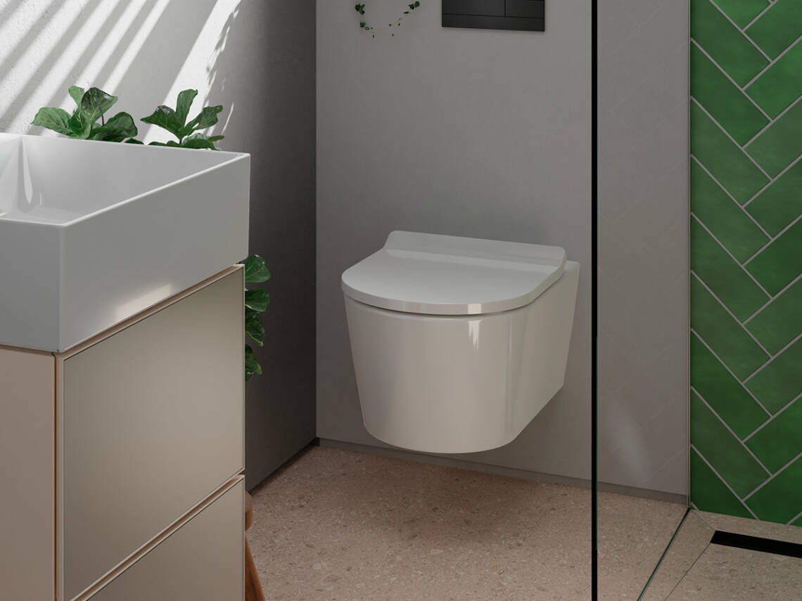 Bồn cầu EluPura S với công nghệ xả AquaHelix Flush trong phòng tắm khách. Bồn cầu EluPura S với công nghệ xả AquaHelix Flush trong phòng tắm khách.