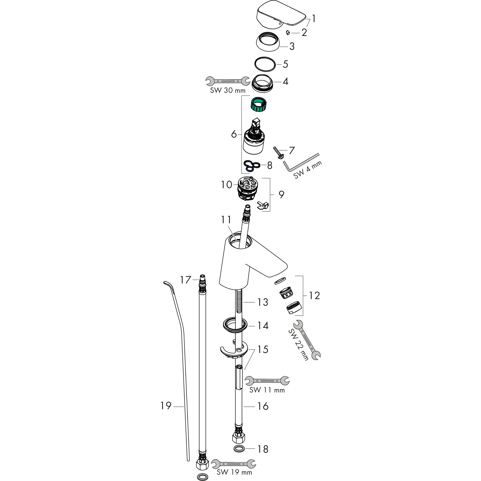Sơ đồ phụ kiện Vòi lavabo gạt đơn Hansgrohe Logis 71078000 Chrome