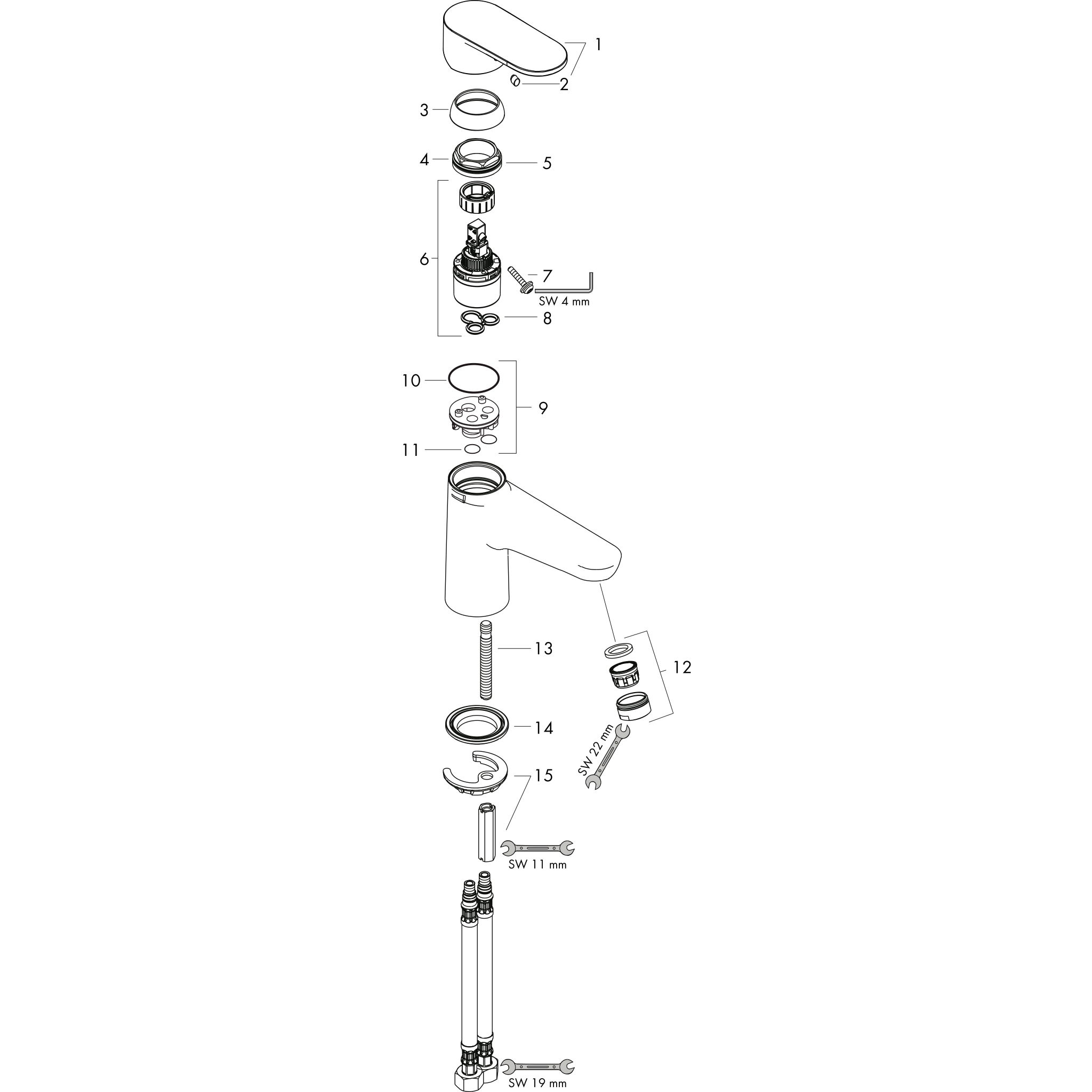 Sơ đồ phụ kiện Bộ trộn bồn tắm gạt đơn Hansgrohe Vernis Blend 71443000 Chrome