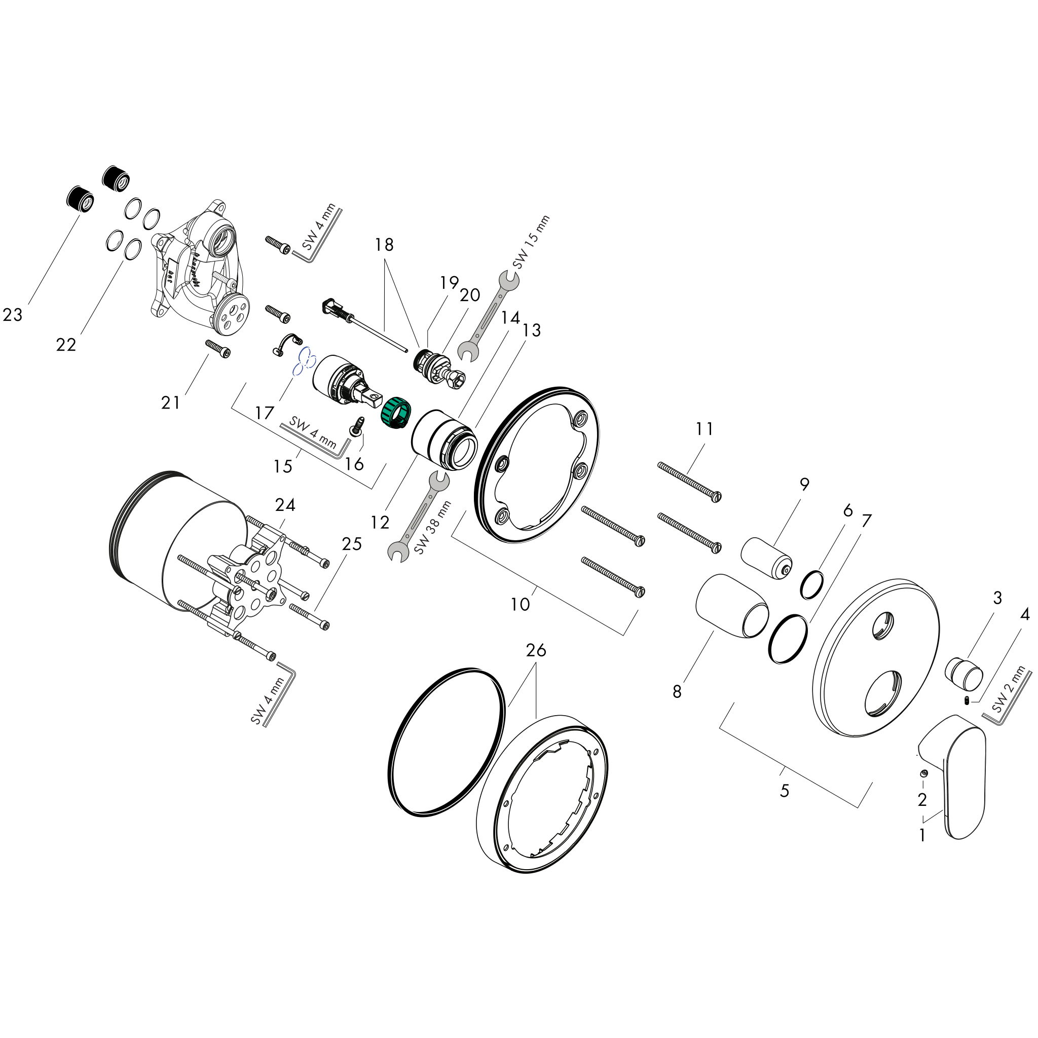 Sơ đồ phụ kiện Bộ trộn bồn tắm gạt đơn Hansgrohe Vernis Blend 71466000 Chrome
