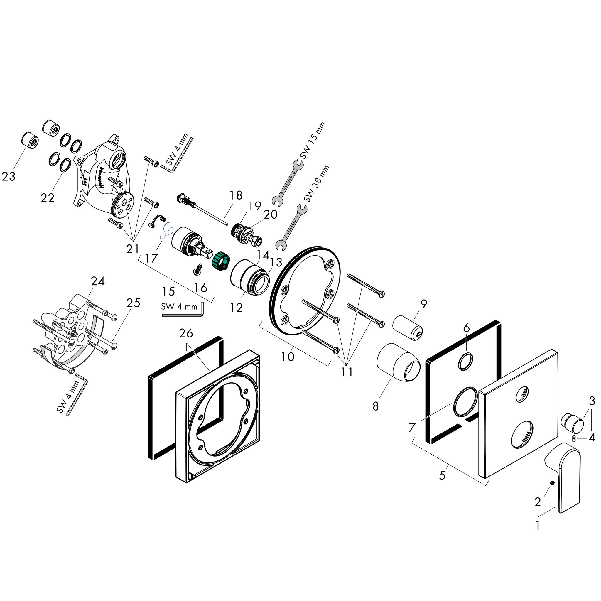 Sơ đồ phụ kiện Bộ trộn bồn tắm gạt đơn Hansgrohe Vernis Shape 71468000 Chrome