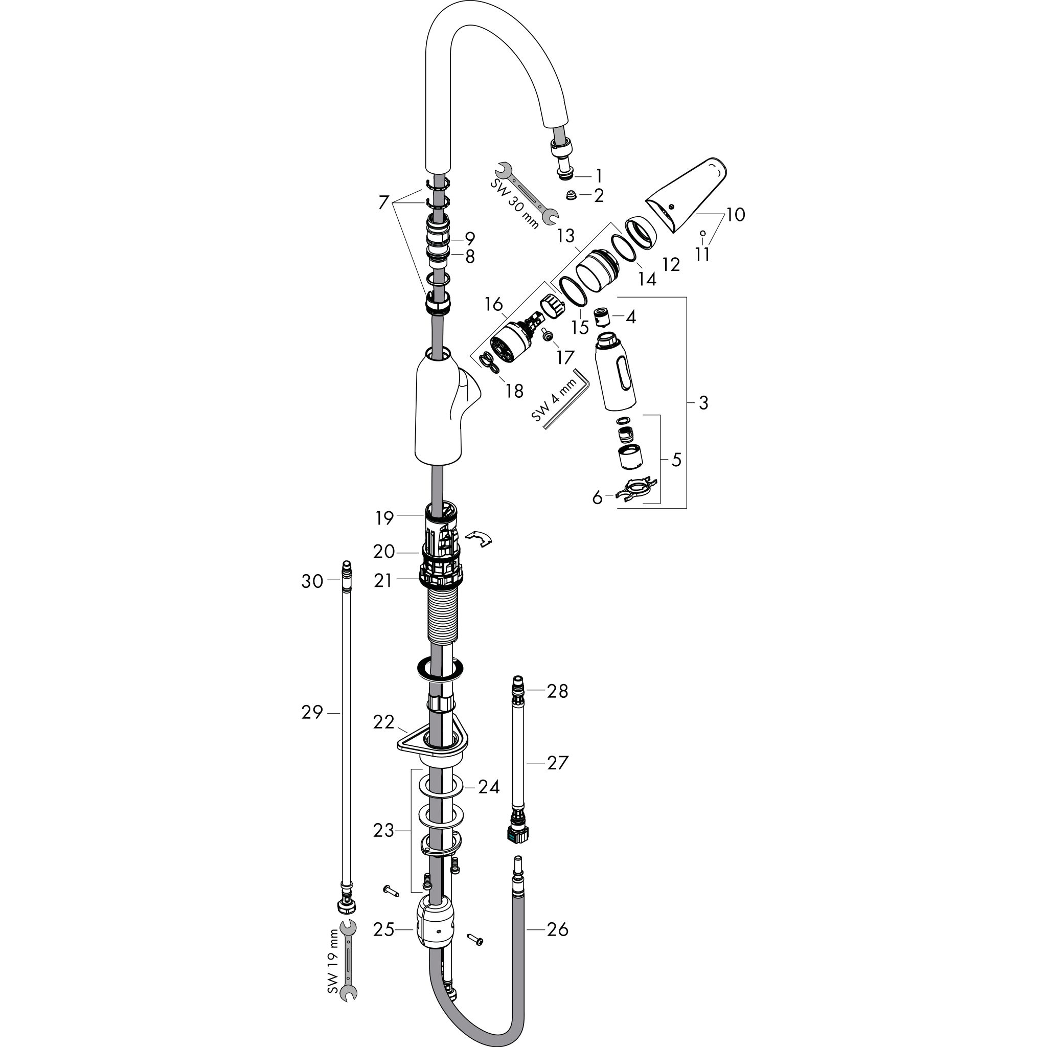 Sơ đồ phụ kiện Vòi rửa bát gạt đơn Hansgrohe Focus M42 71800000 Chrome
