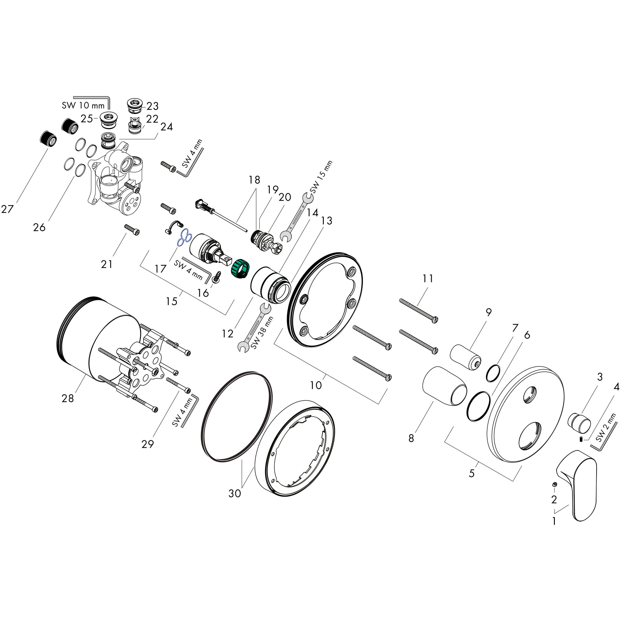 Sơ đồ phụ kiện Bộ trộn bồn tắm gạt đơn Hansgrohe Rebris S 72467000 Chrome