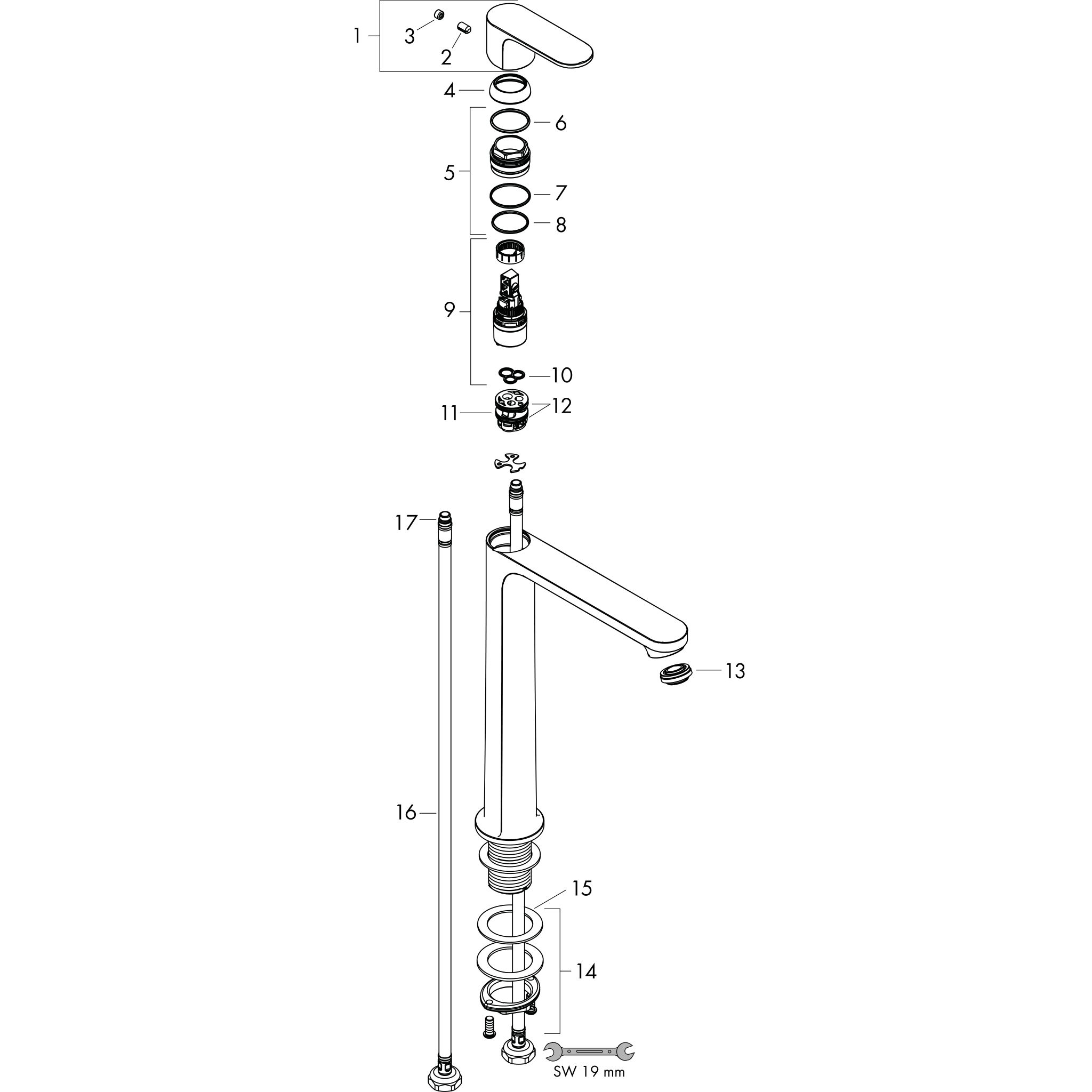 Sơ đồ phụ kiện Vòi lavabo gạt đơn Hansgrohe Rebris S 72542000 Chrome