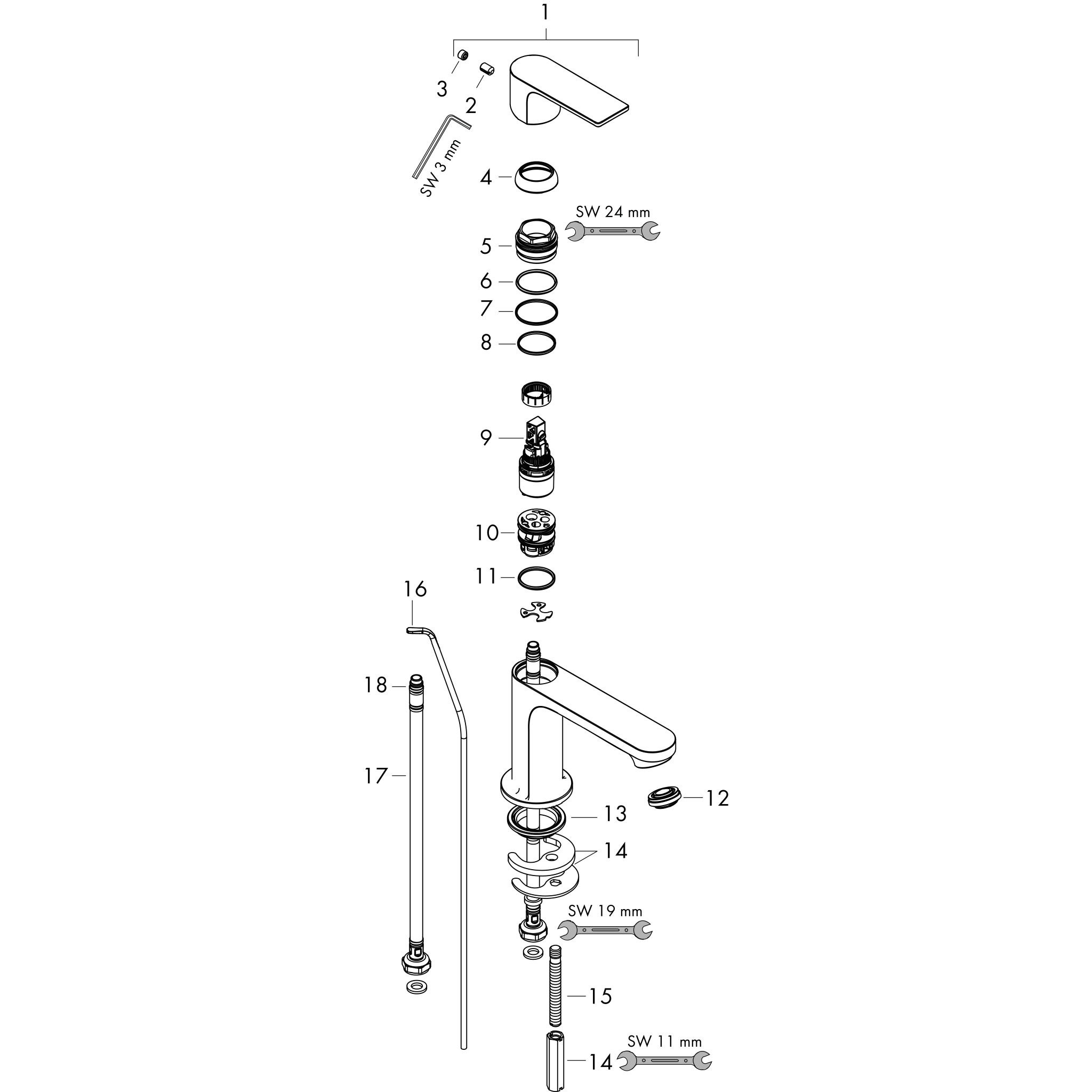 Sơ đồ phụ kiện Vòi lavabo gạt đơn Hansgrohe Rebris E 72553000 CoolStart Chrome