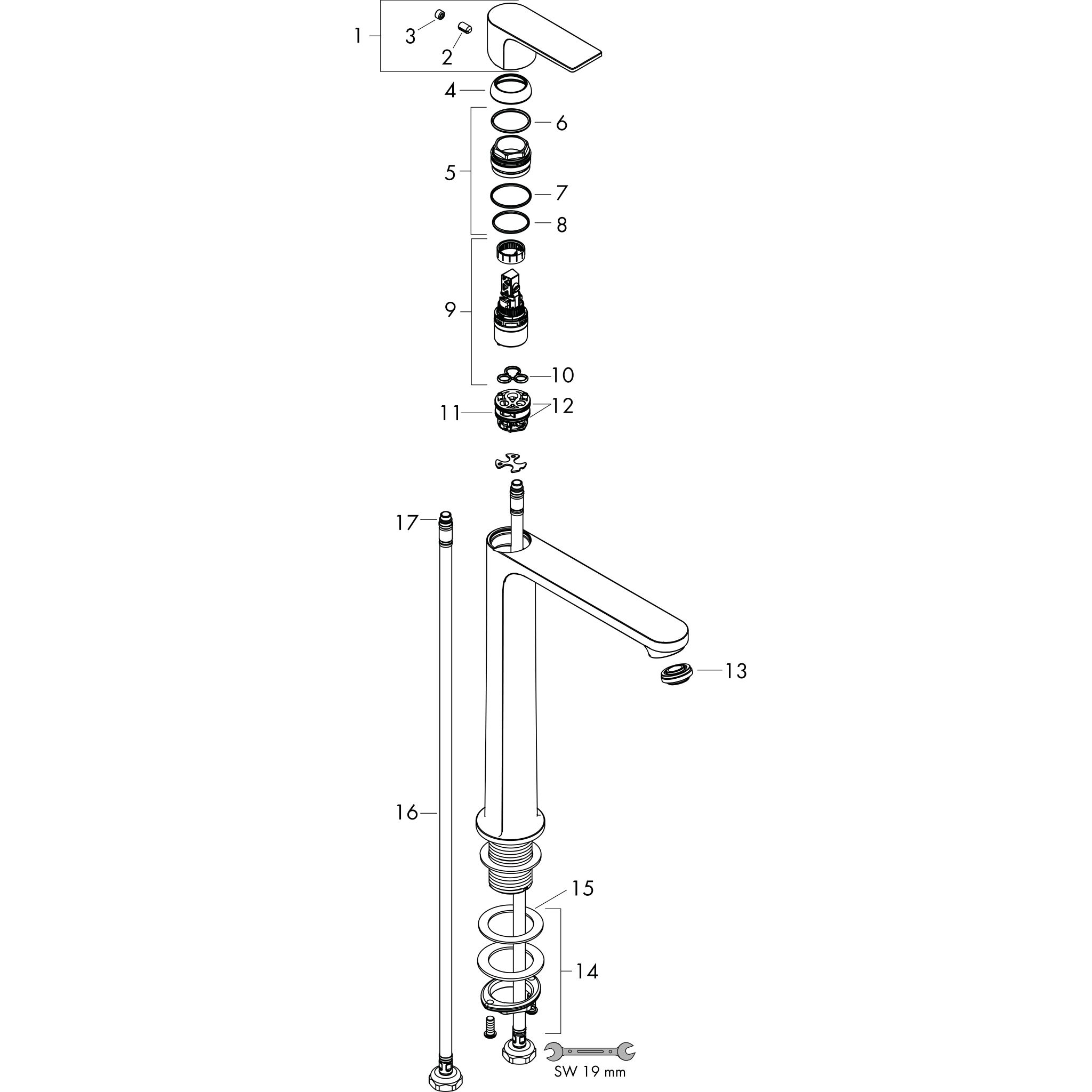 Sơ đồ phụ kiện Vòi lavabo gạt đơn Hansgrohe Rebris E 72583000 CoolStart Chrome