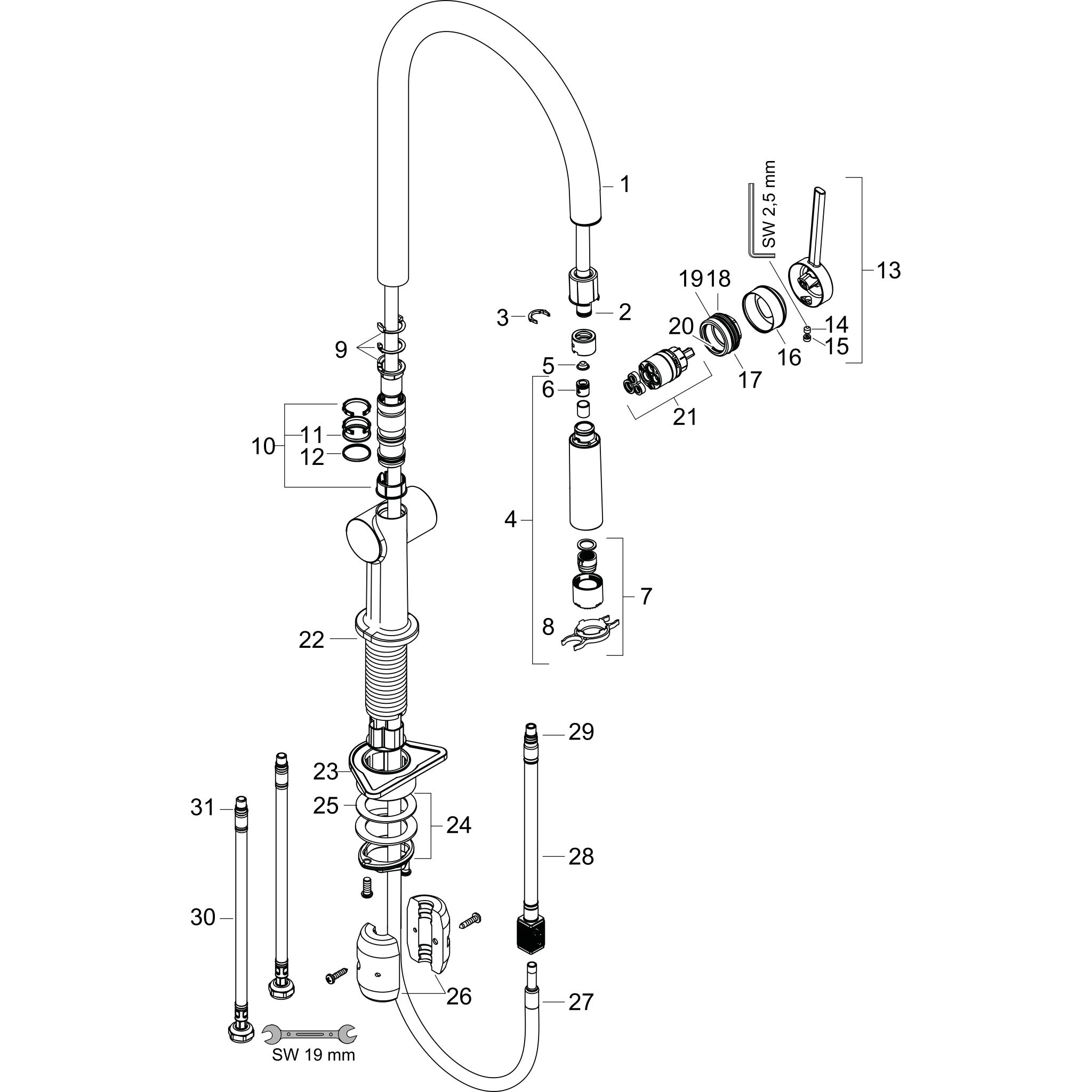 Sơ đồ phụ kiện Vòi rửa bát gạt đơn Hansgrohe Talis M54 72800000 Chrome