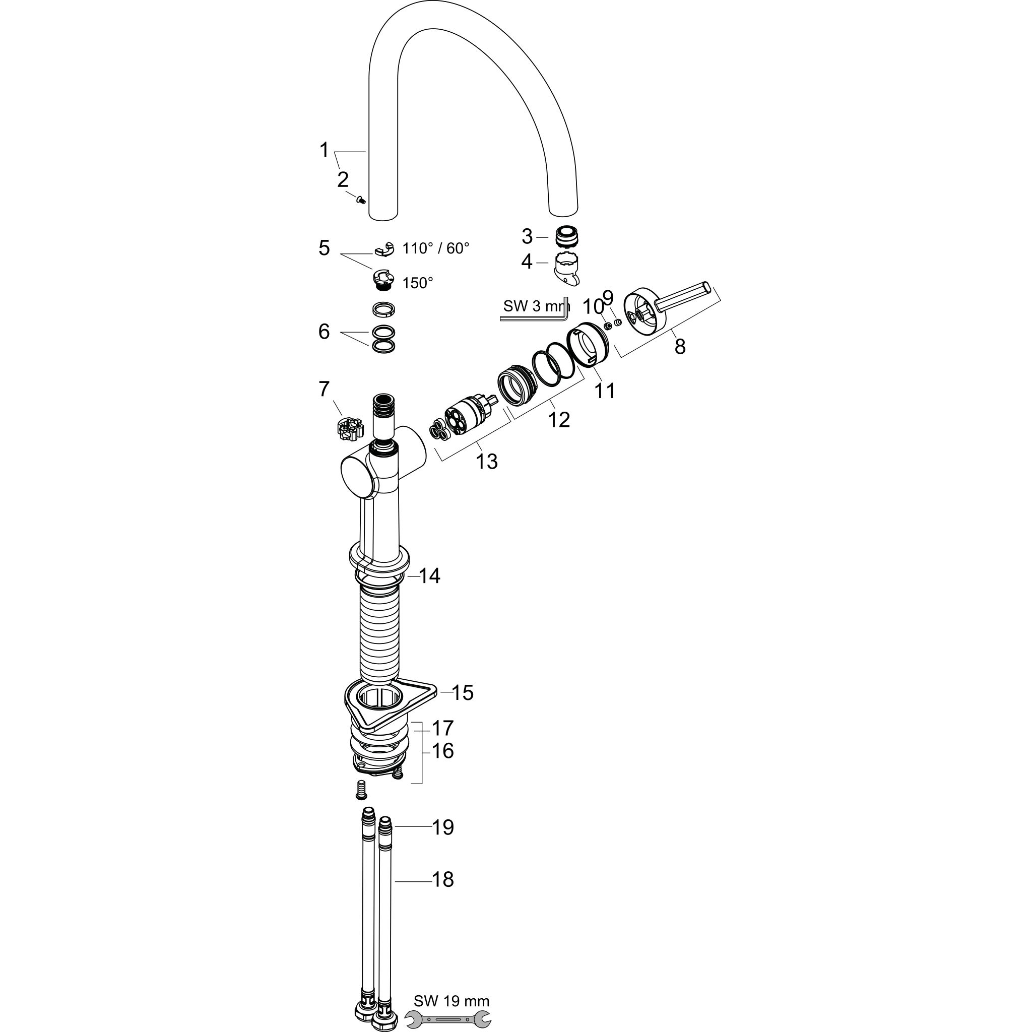 Sơ đồ phụ kiện Vòi rửa bát gạt đơn Hansgrohe Talis M54 72804000 Chrome