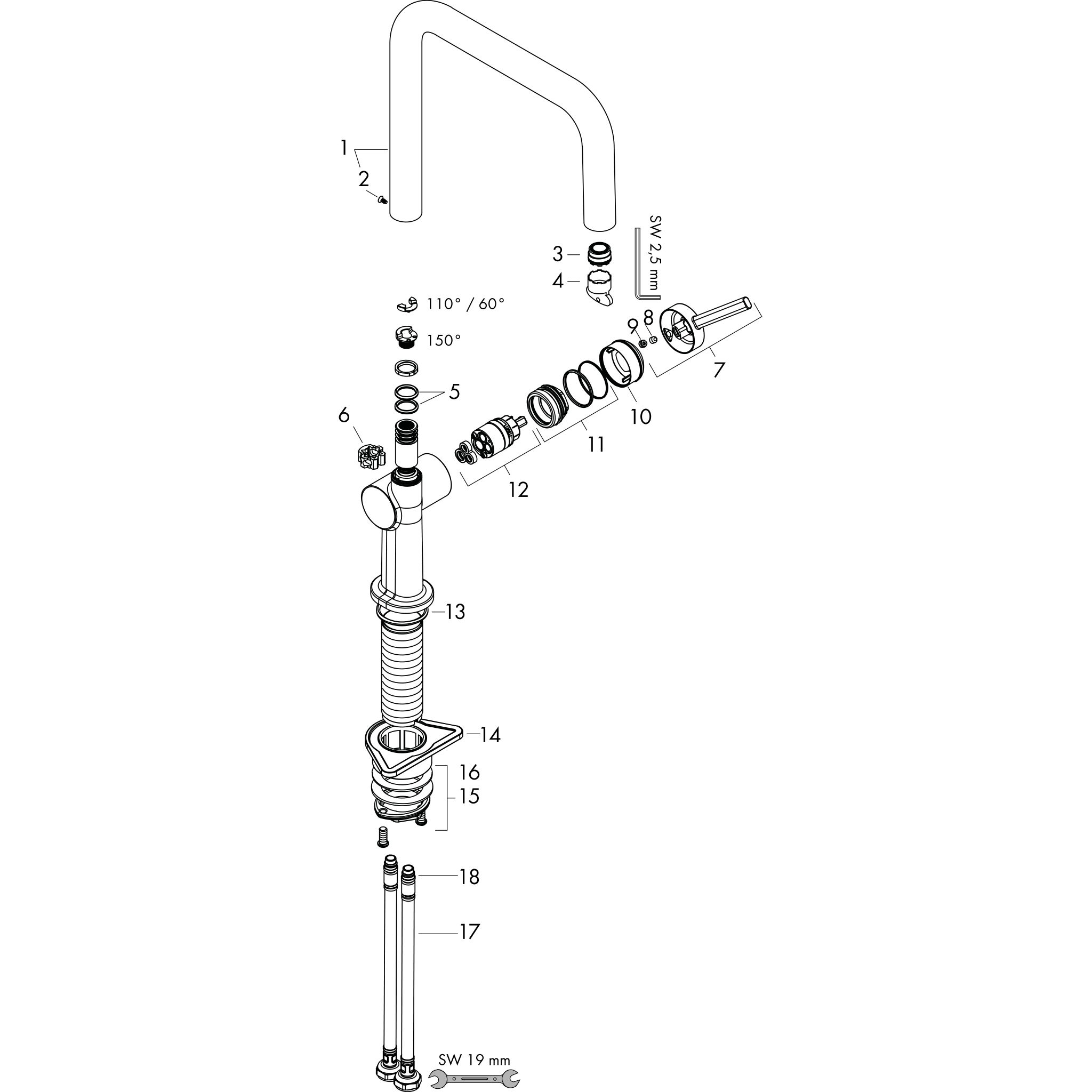 Sơ đồ phụ kiện Vòi rửa bát gạt đơn Hansgrohe Talis M54 72806000 Chrome