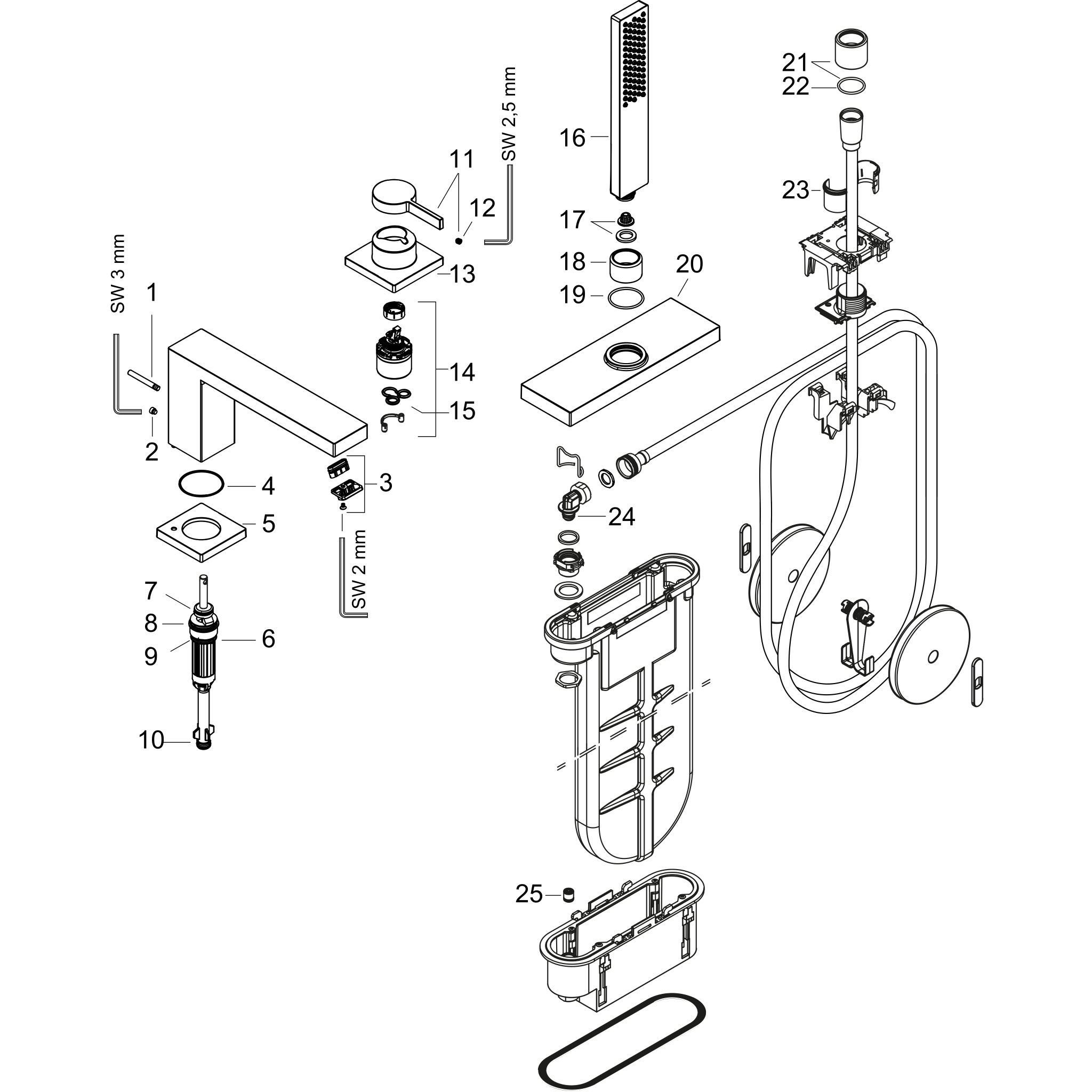 Sơ đồ phụ kiện Bộ trộn bồn tắm gạt đơn Hansgrohe Tecturis E 73443000 Chrome