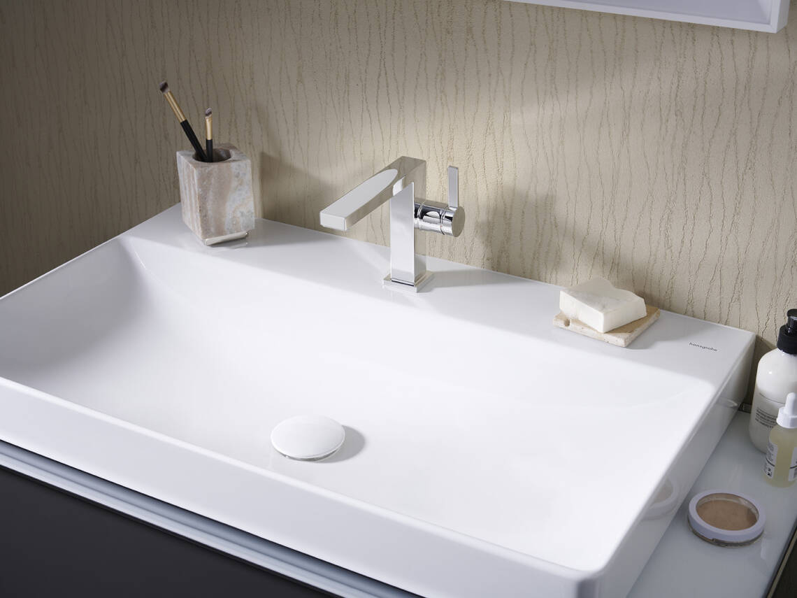 Vòi Tecturis E lắp trên chậu rửa hansgrohe Xevolos E.