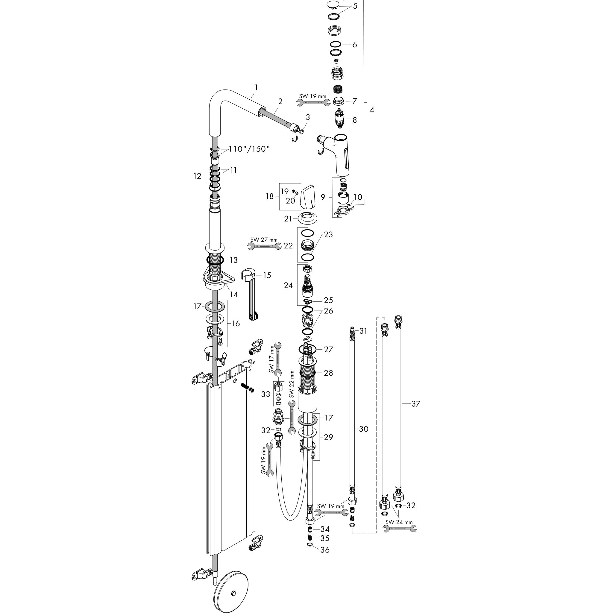 Sơ đồ phụ kiện Vòi rửa bát gạt đơn Hansgrohe Metris Select M71 73818000 Chrome