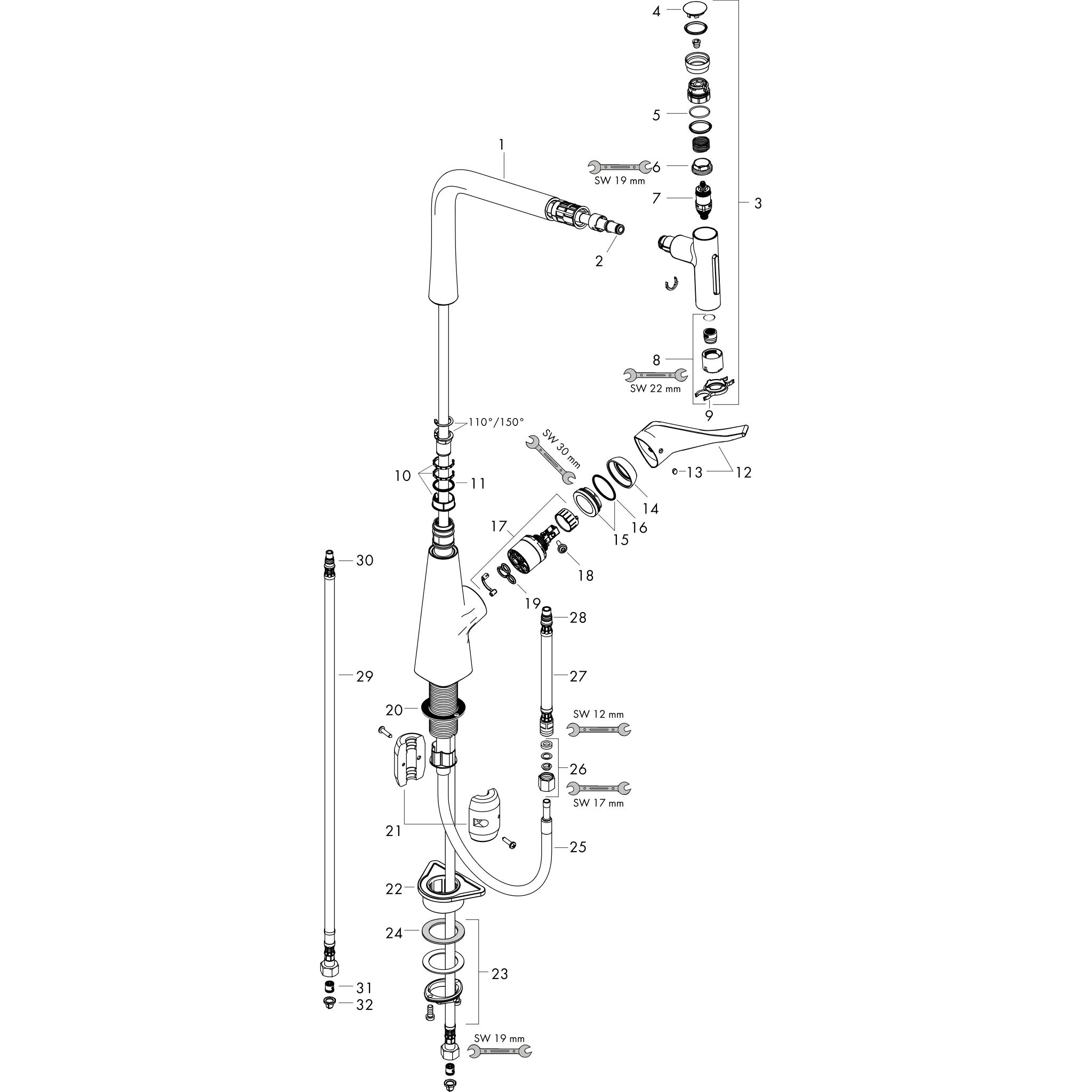 Sơ đồ phụ kiện Vòi rửa bát gạt đơn Hansgrohe Metris Select M71 73820000 Chrome