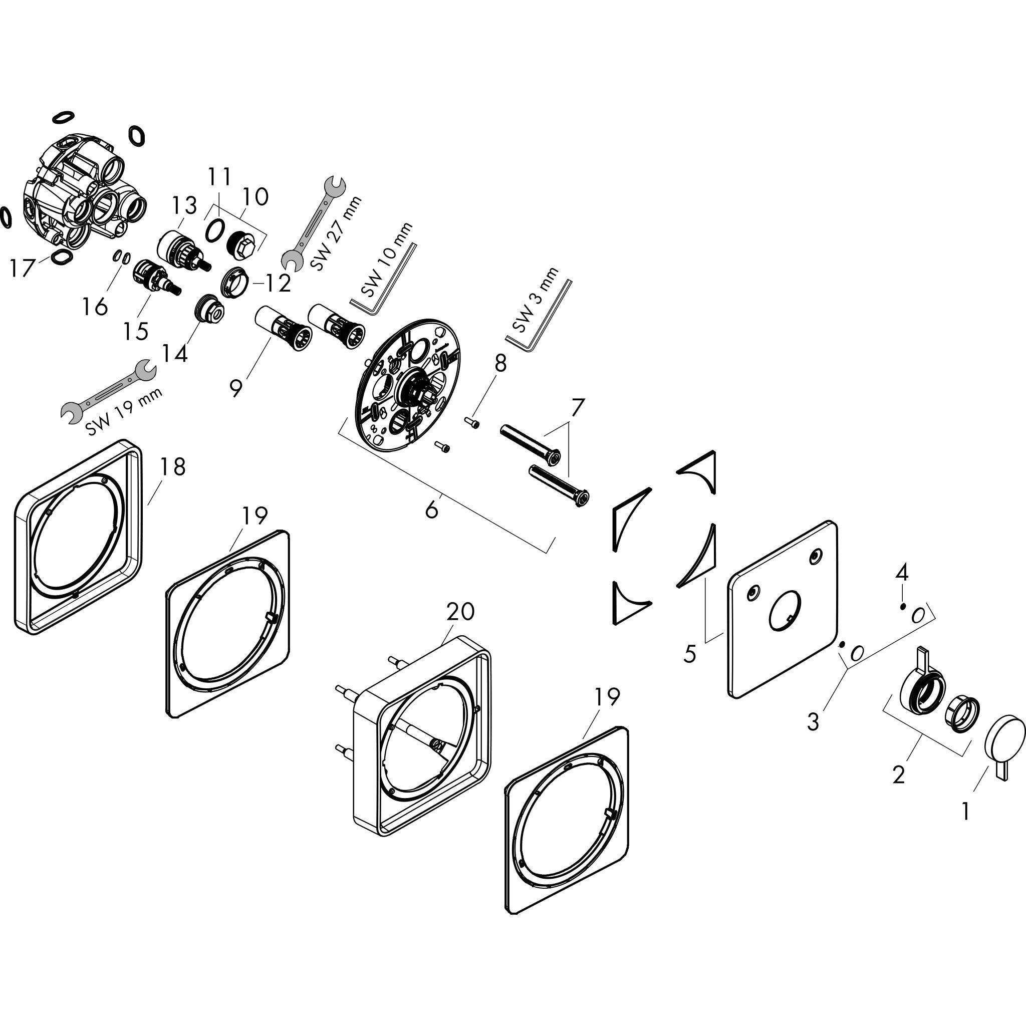 Sơ đồ phụ kiện Vòi sen Hansgrohe DuoTurn Q 75414000 Chrome