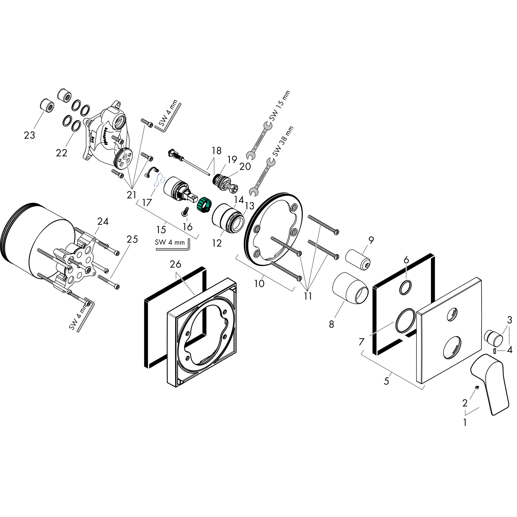 Sơ đồ phụ kiện Bộ trộn bồn tắm gạt đơn Hansgrohe Vivenis 75415000 Chrome