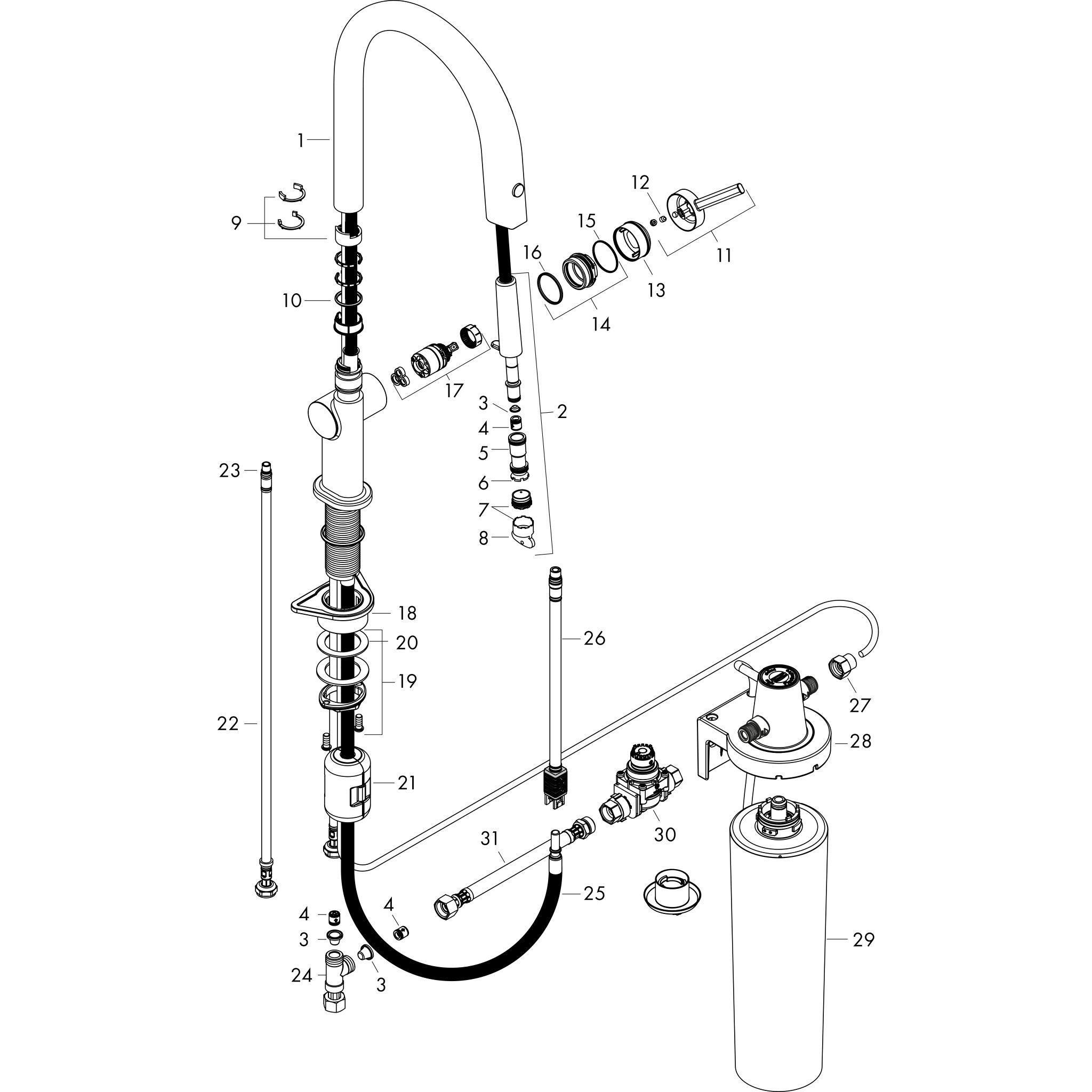 Sơ đồ phụ kiện Vòi rửa bát tích hợp lọc Hansgrohe Aqittura M91 76801000 Chrome