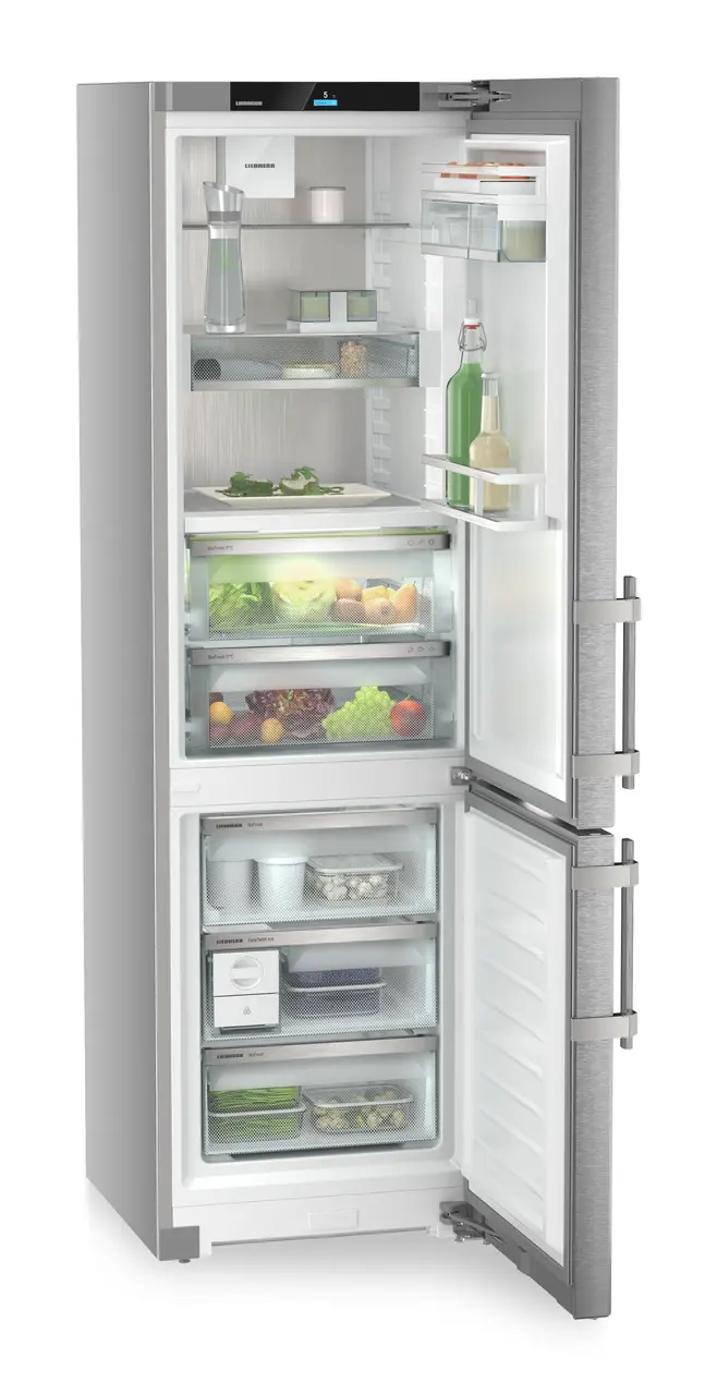 Tủ lạnh kết hợp tủ đông mở, có sắp xếp thực phẩm, góc nghiêng, BioFresh und NoFrost, màu thân: bạc, màu cửa: thép không gỉ