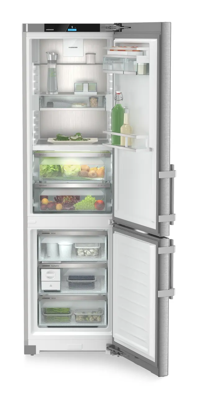 Tủ lạnh kết hợp tủ đông mở, có sắp xếp thực phẩm, góc chính diện, BioFresh und NoFrost, màu thân: bạc, màu cửa: thép không gỉ