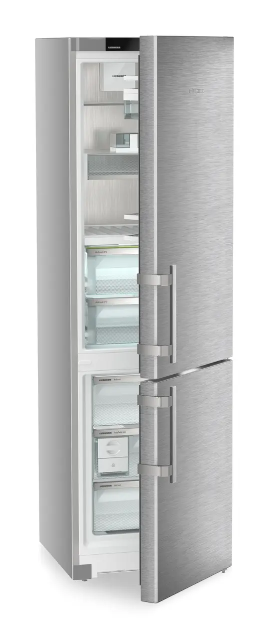 Tủ lạnh kết hợp tủ đông mở một phần trống, góc nghiêng, BioFresh und NoFrost, màu thân: bạc, màu cửa: thép không gỉ