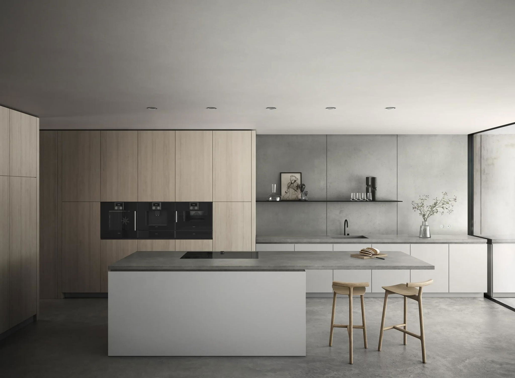 Bếp penthouse tối giản với ba lò âm tủ phẳng trong hệ tủ gỗ và đảo bếp — dự án penthouse Le Phan Living