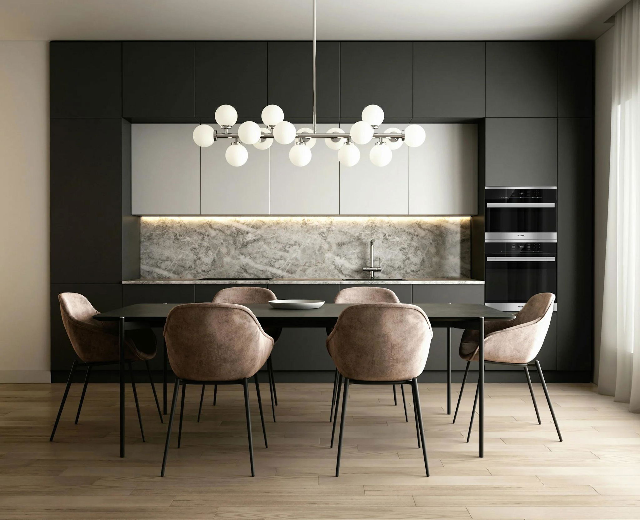 Bếp tối sang trọng với thiết bị ẩn trong hệ tủ — concept kiến trúc cho nhà thiết kế