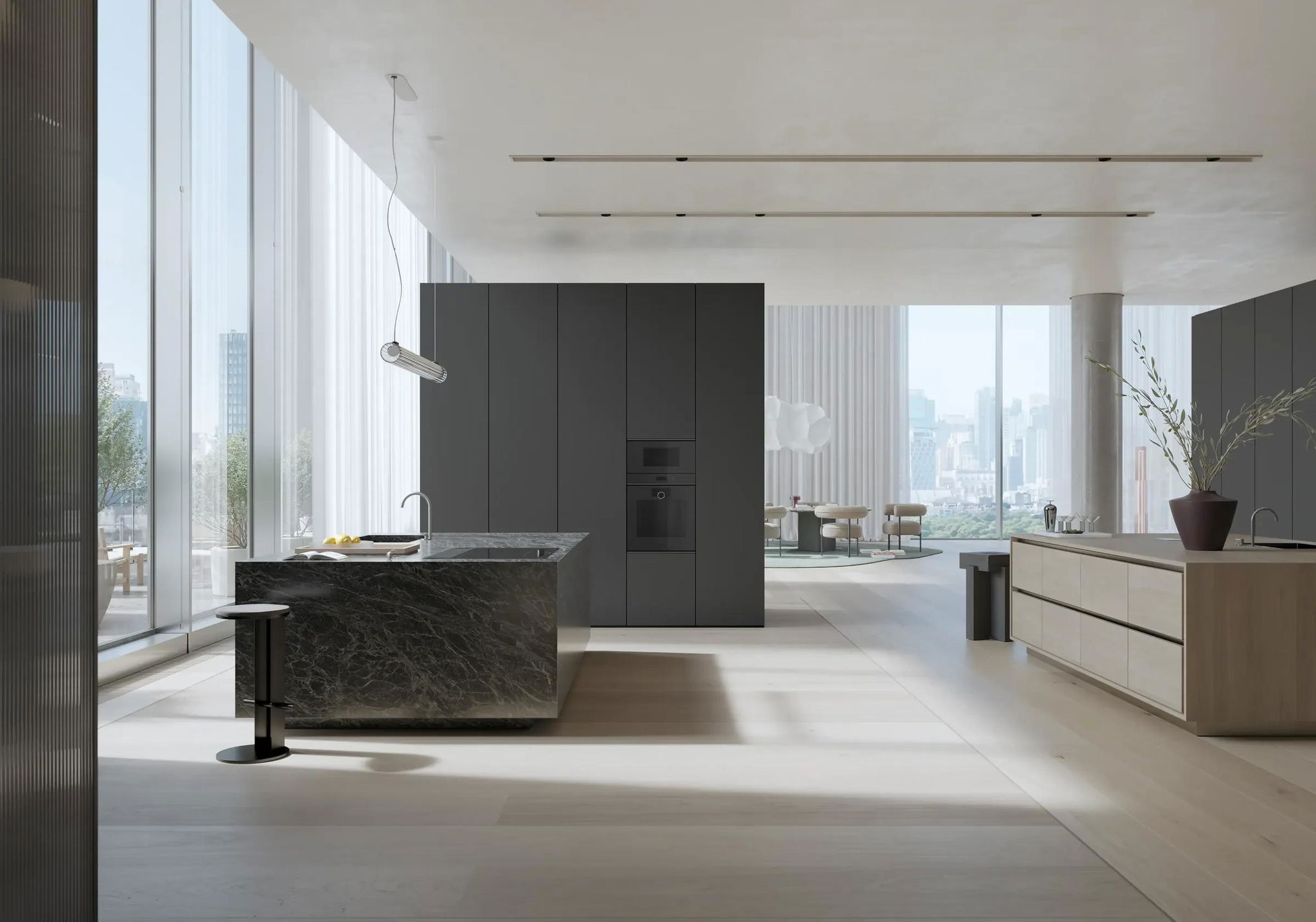 Bếp mở tông tối với cột lò Gaggenau Minimalistic âm tủ và đảo bếp đá — phong cách hiện đại tối giản Le Phan Living