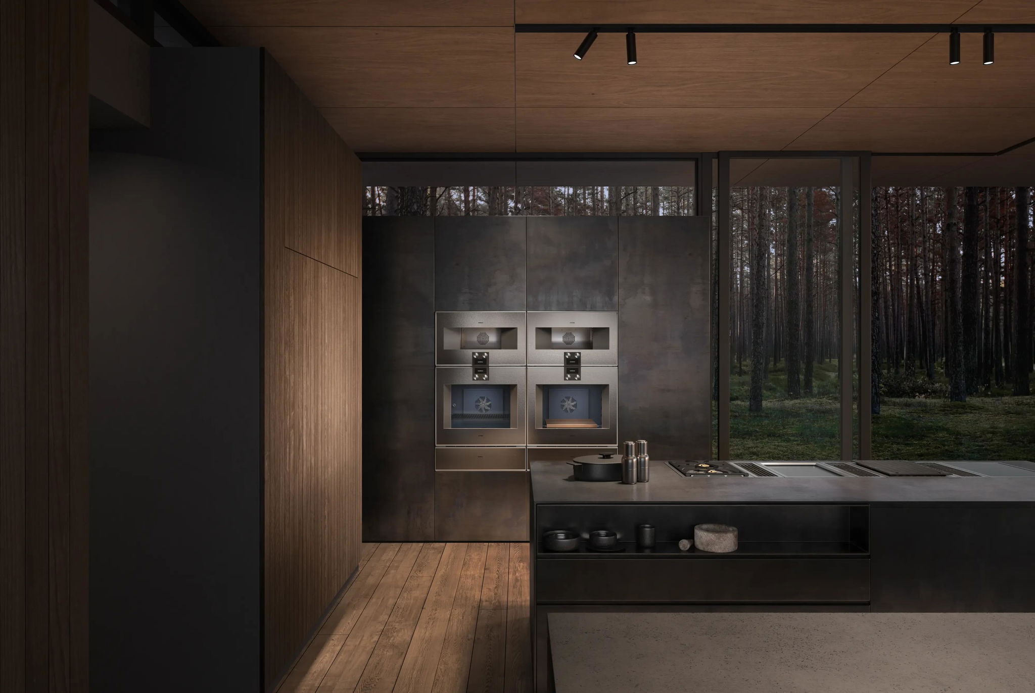 Không gian bếp Gaggenau với lò nướng Series 400 — khoang men xanh Blue Enamel lộ qua cửa kính trong ánh sáng ấm