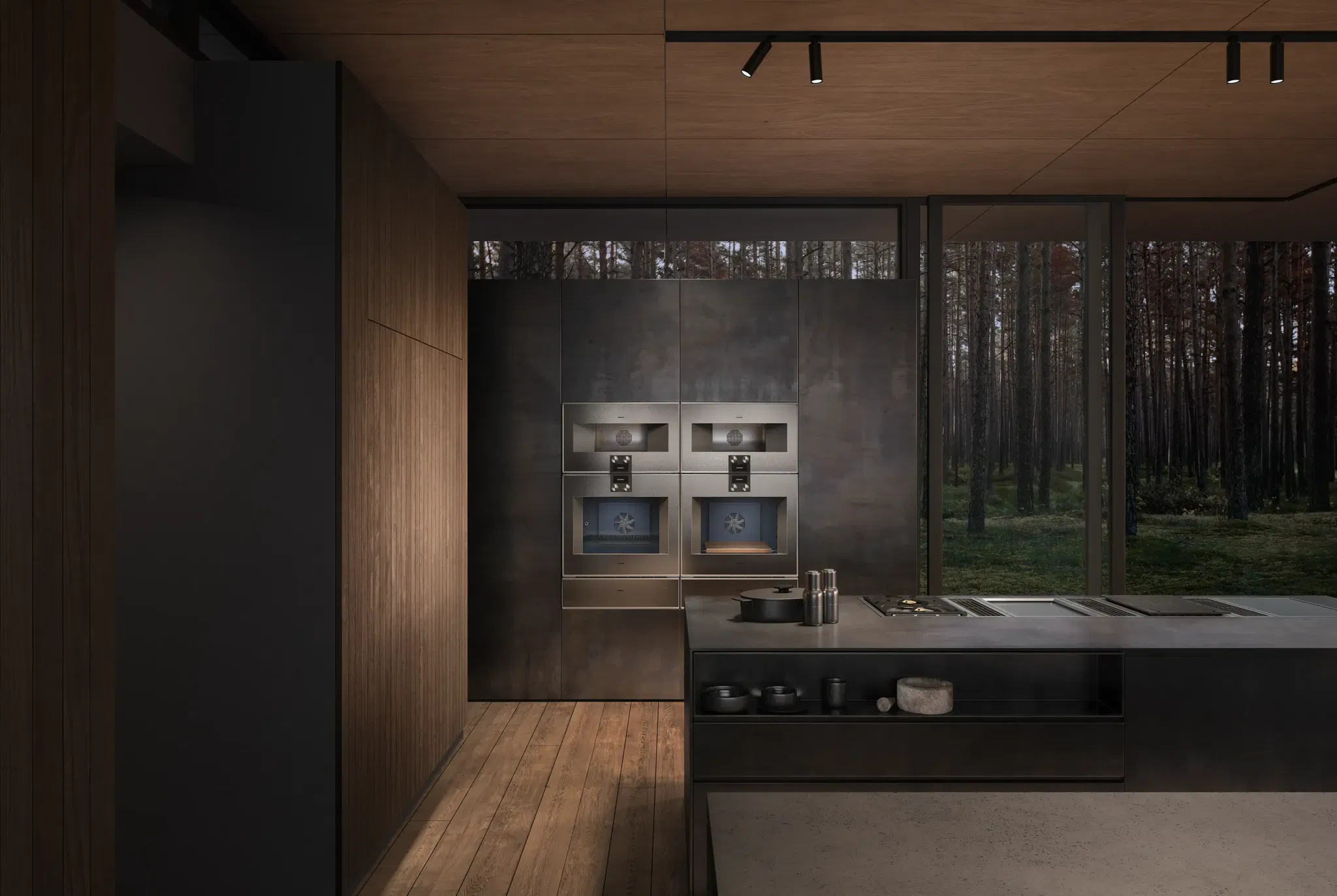 Gian bếp biệt thự với thiết bị Gaggenau Series 400 âm tủ liền khối — bề mặt đá và cánh tủ gỗ cao cấp