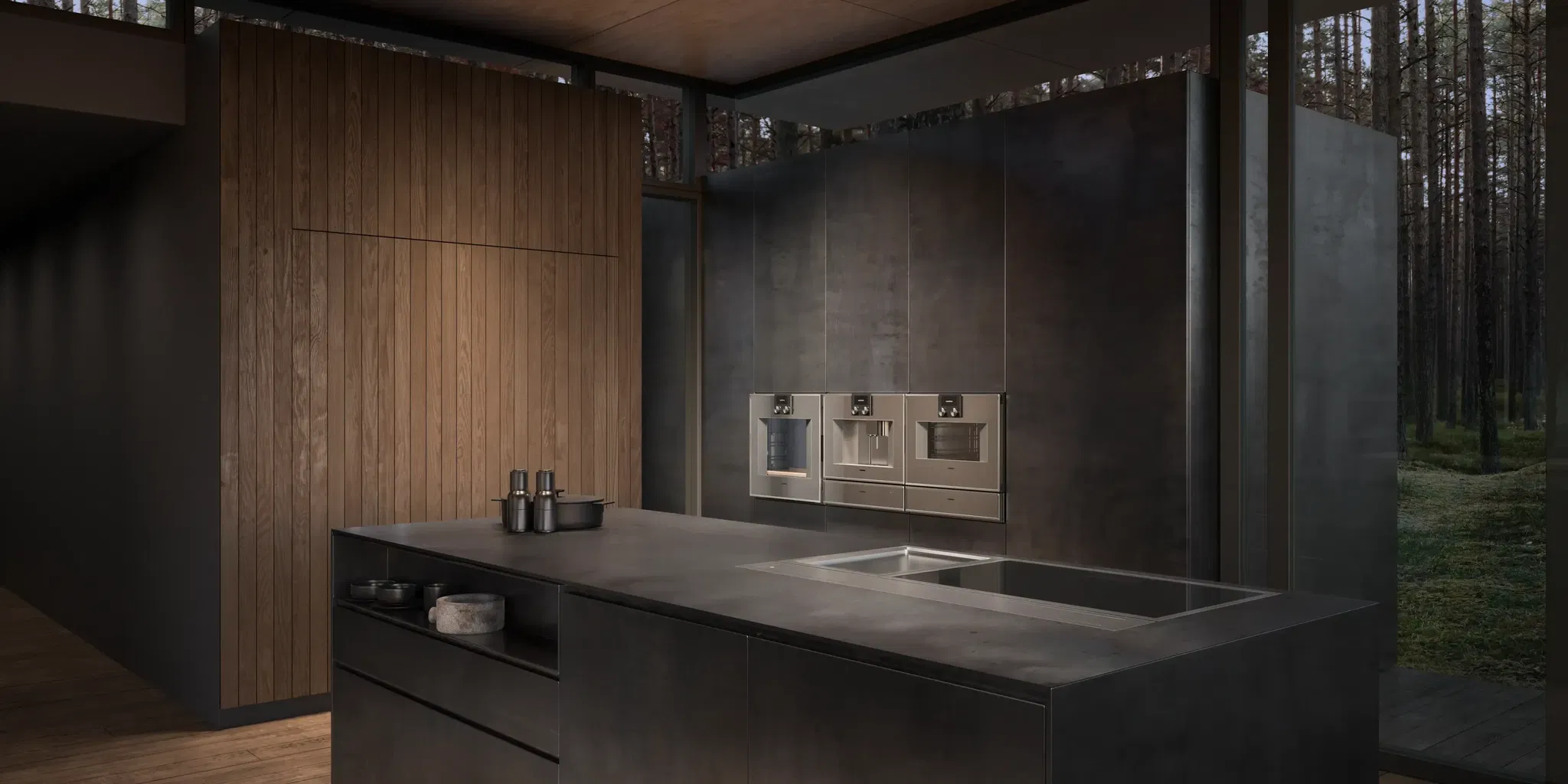 Phối hợp vật liệu bếp mở: đảo bếp đá tối, lò Gaggenau inox âm trong hệ tủ gỗ tự nhiên