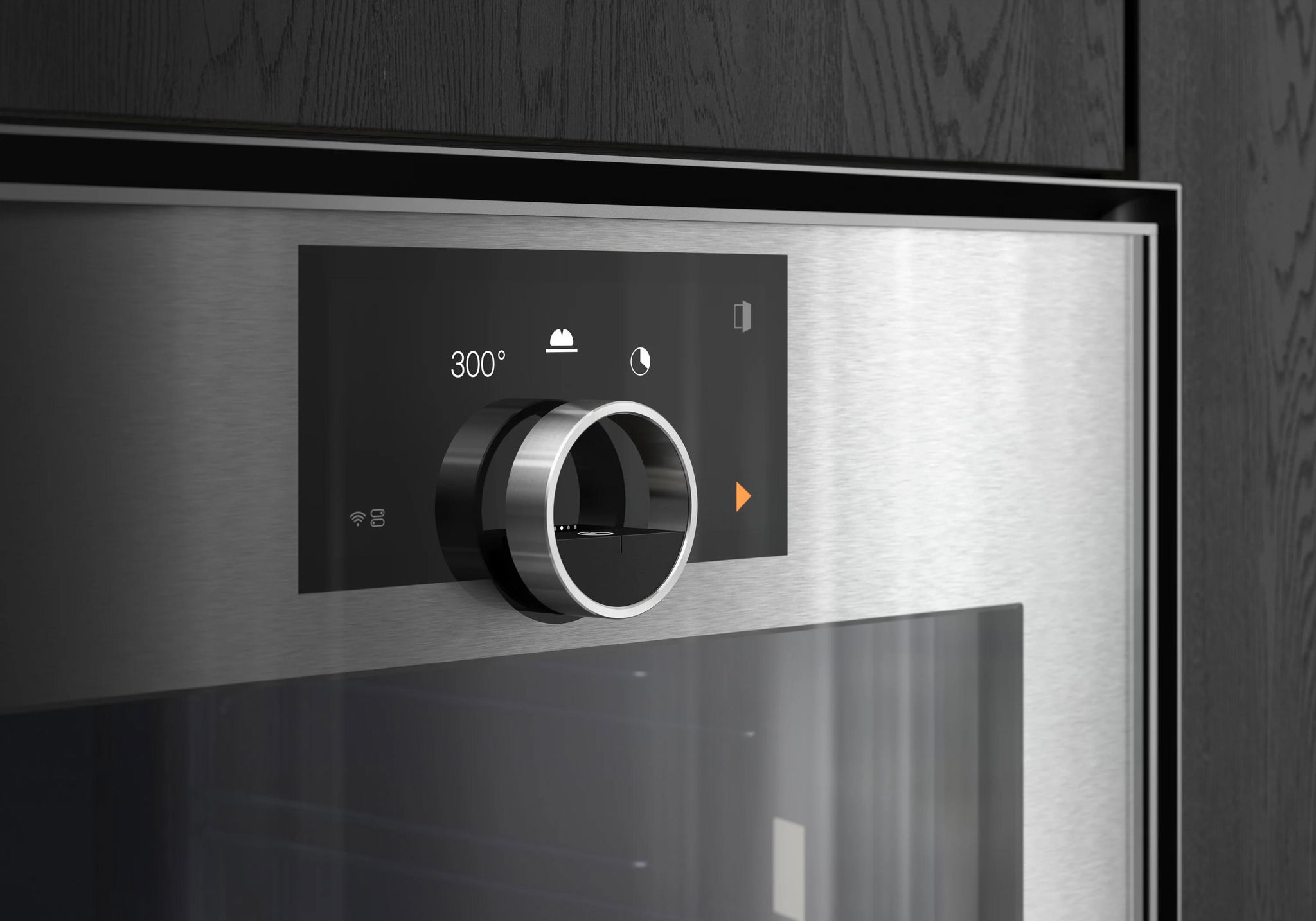 Cận cảnh lò nướng Gaggenau Expressive Series lắp âm tủ — mặt kính và inox phẳng tuyệt đối với cánh tủ