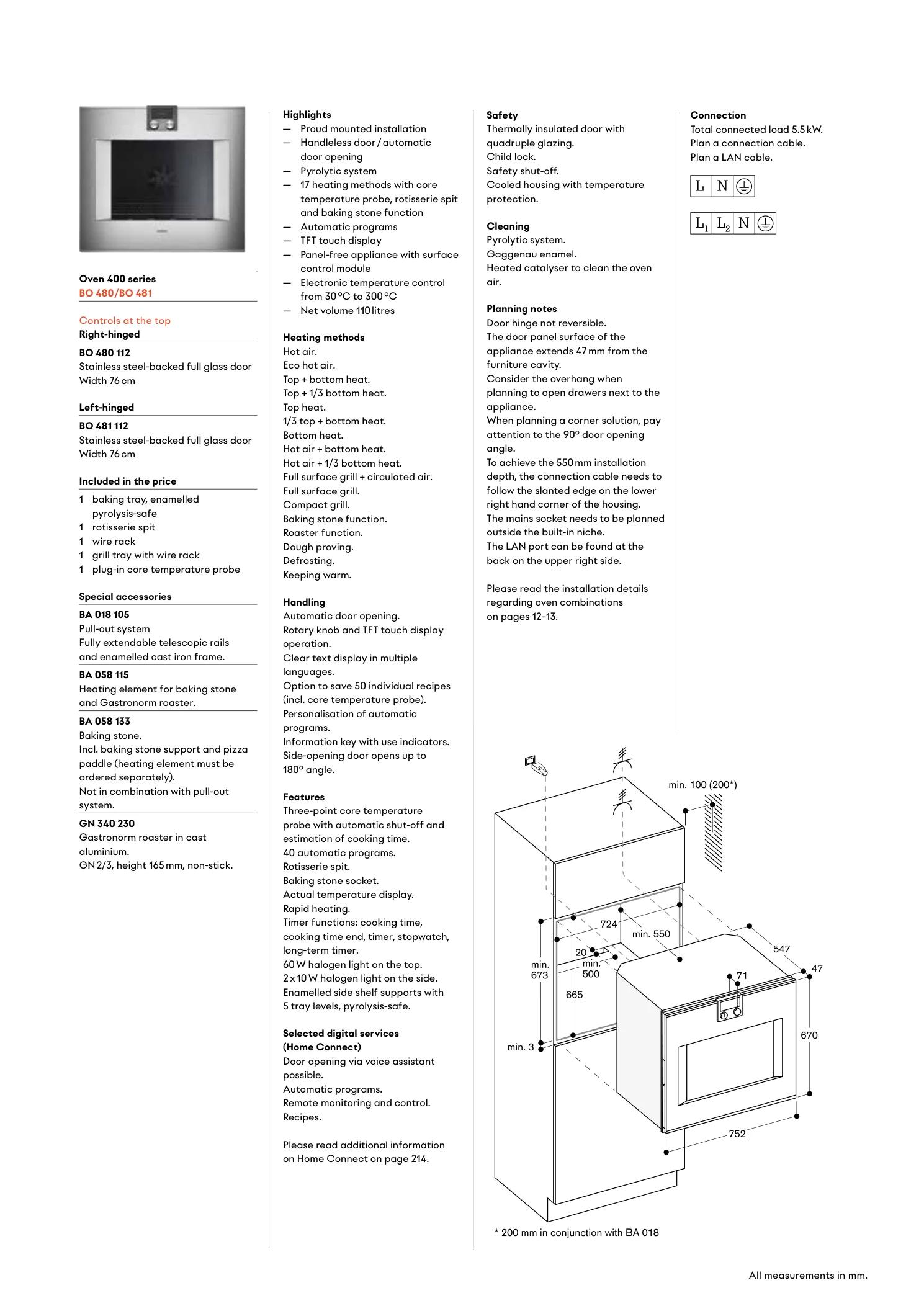 Thông số kỹ thuật hố lắp đặt lò nướng Gaggenau Series 400 BO 480 — chiều sâu 550 mm