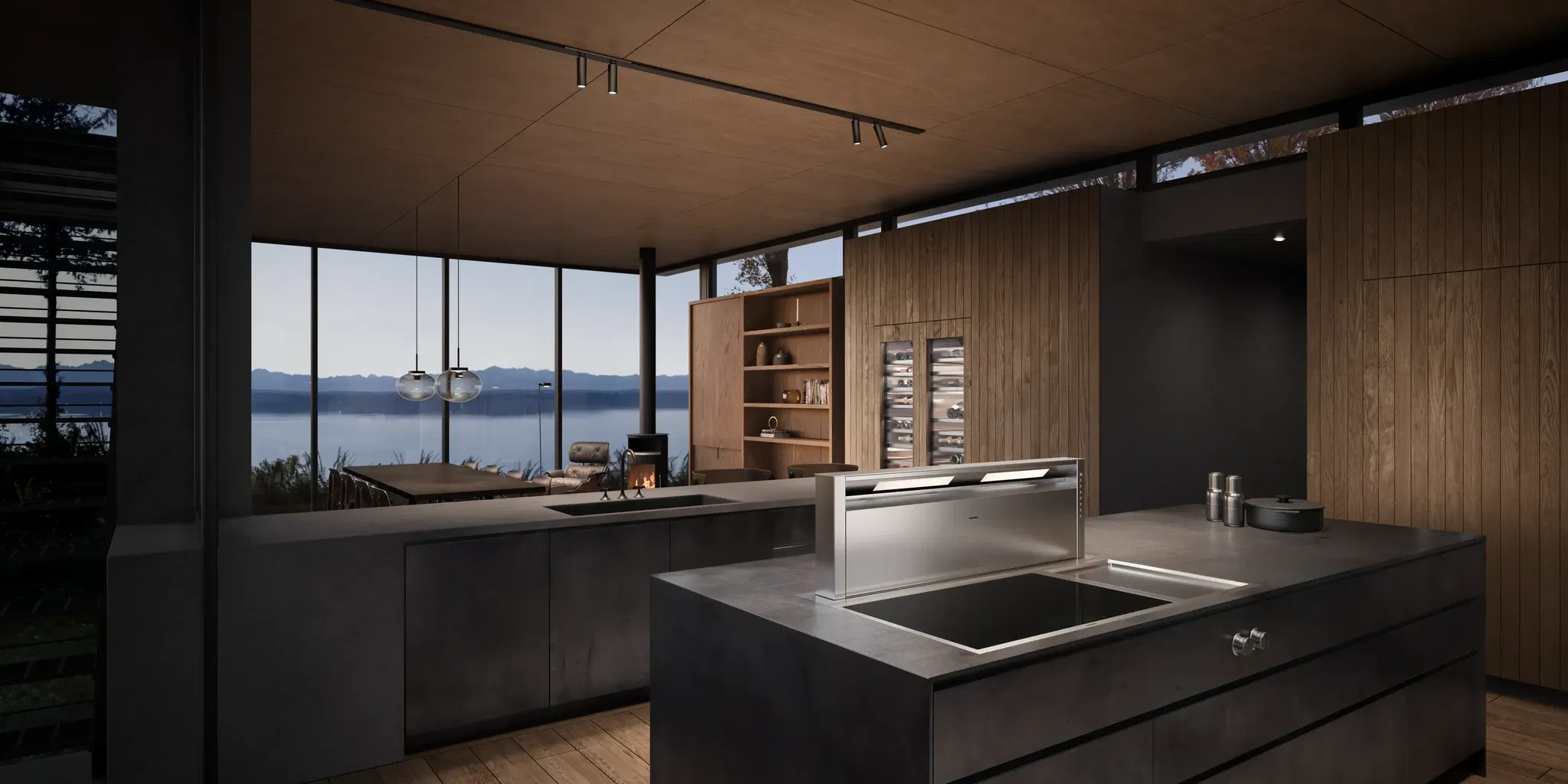 Thiết kế bếp mở biệt thự với đảo bếp Gaggenau nối liền phòng khách và khung kính nhìn ra hồ